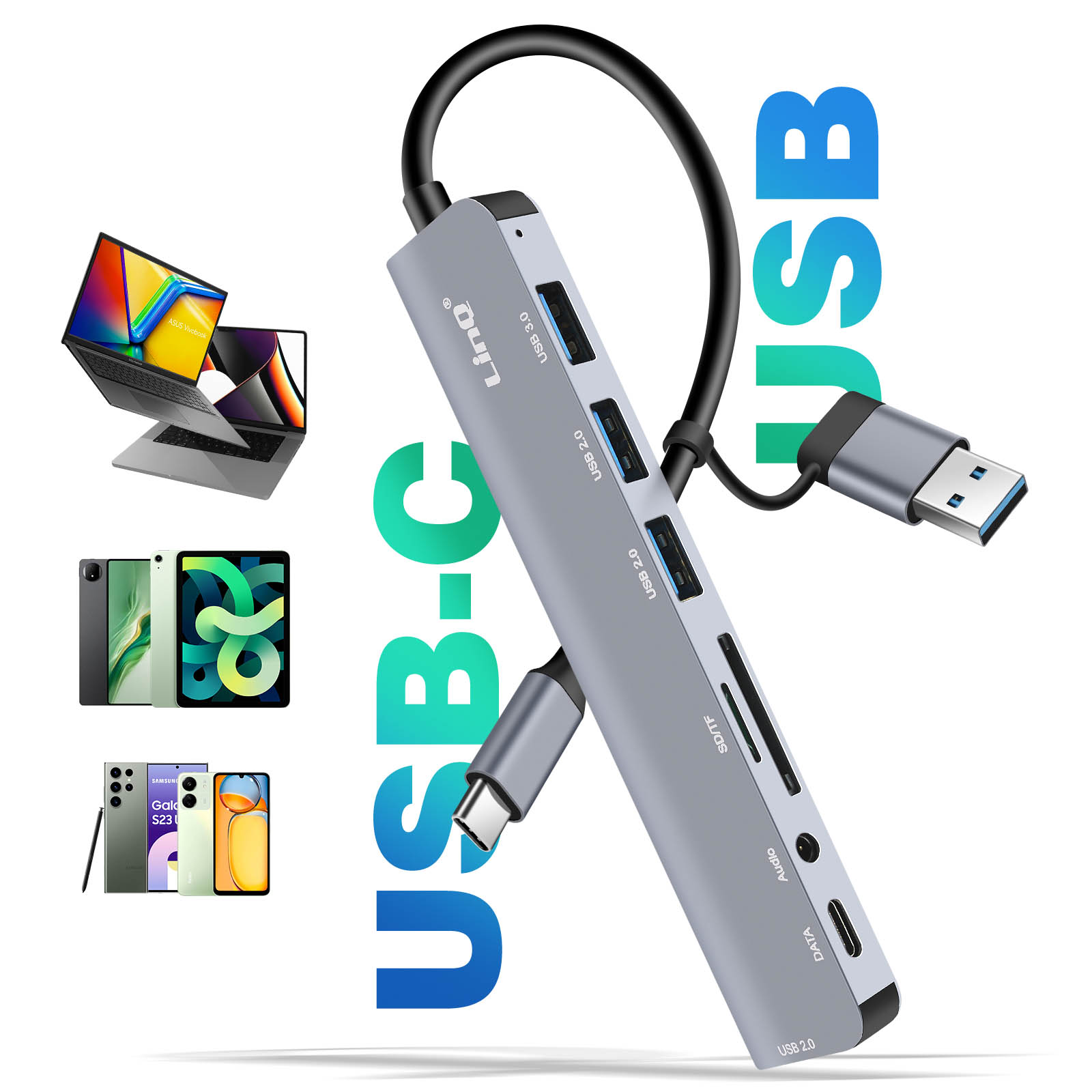 Un hub USB-C argentato con più porte USB e altre con telefoni e un laptop.