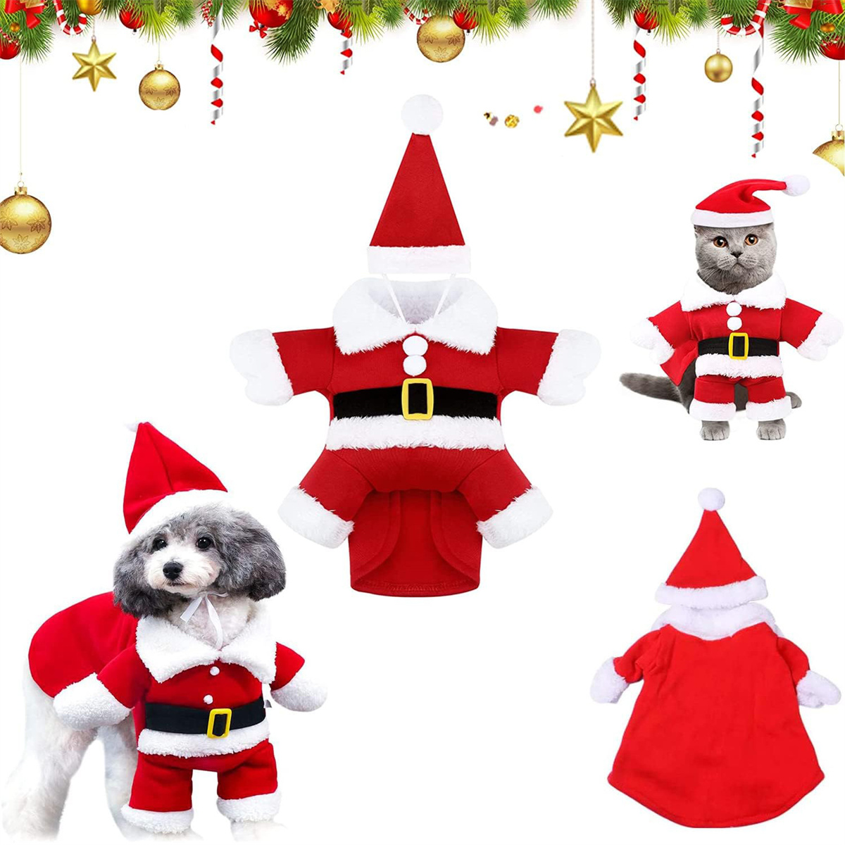 Mehrere Haustiere in Weihnachtsmann-Outfits. Verschiedene Hunde- und Katzenrassen.