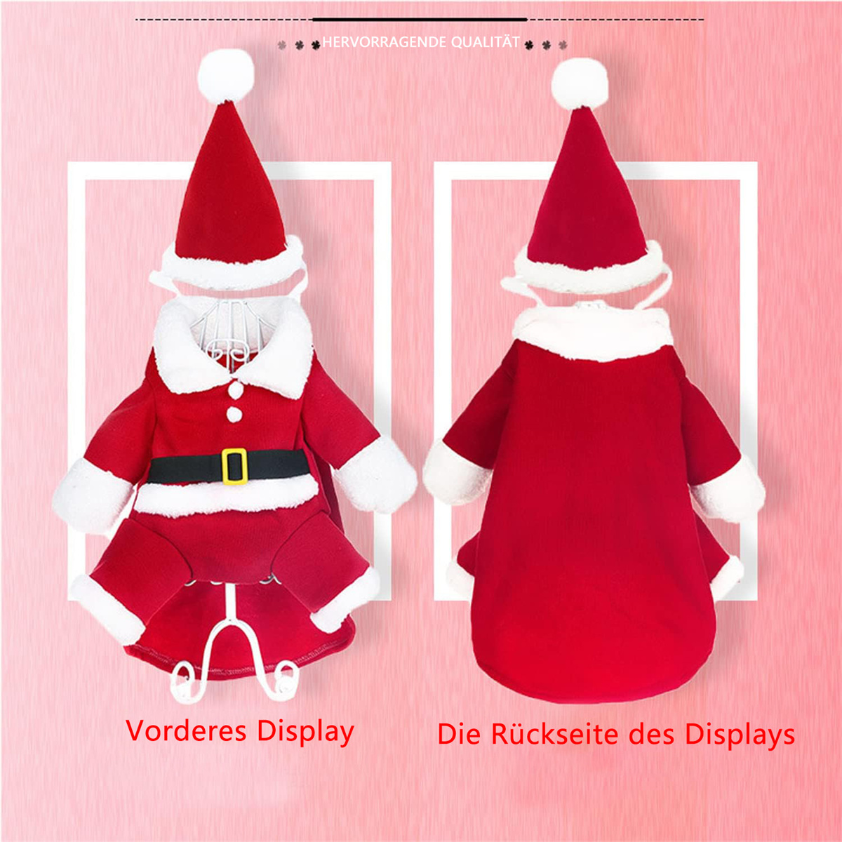 Zwei Hunde-Kostüme, Vorder- und Rückansicht, Weihnachtsmann-Outfit.