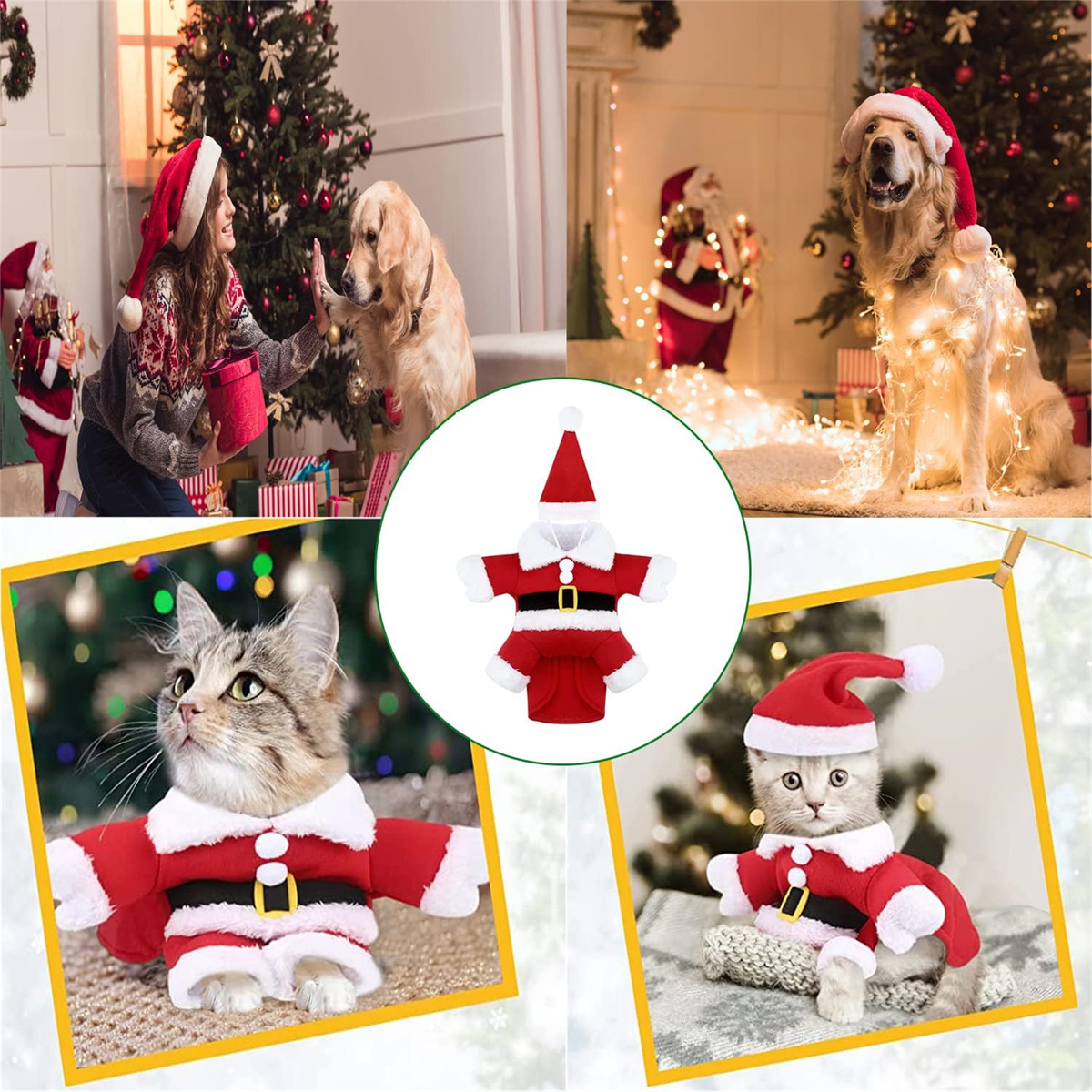Weihnachtsfotos. Menschen und Haustiere in Weihnachtsmann-Outfits. Bäume und Dekorationen sind vorhanden.