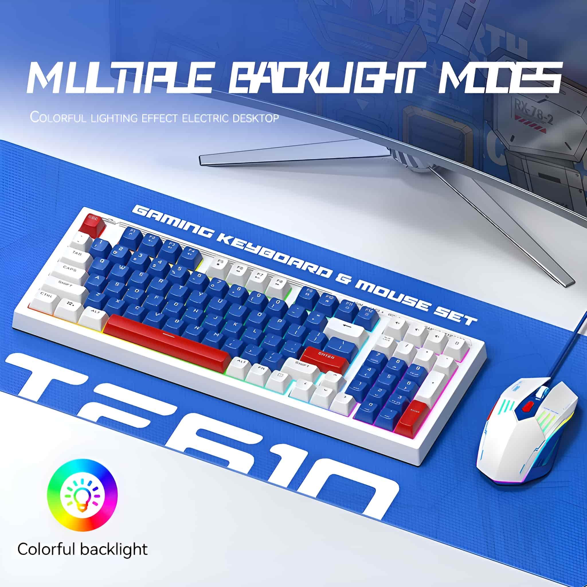 Ein Gaming-Tastatur- und Maus-Set mit bunter Hintergrundbeleuchtung auf einer blauen Matte.