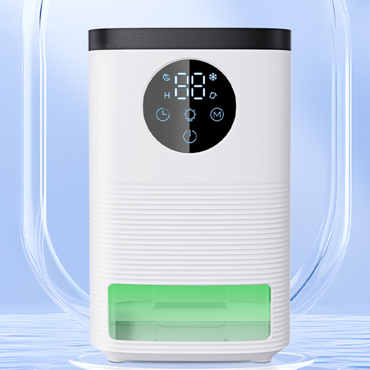 Weißer Luftreiniger mit grünem Wasserbehälter und Digitalanzeige mit Einstellungen.