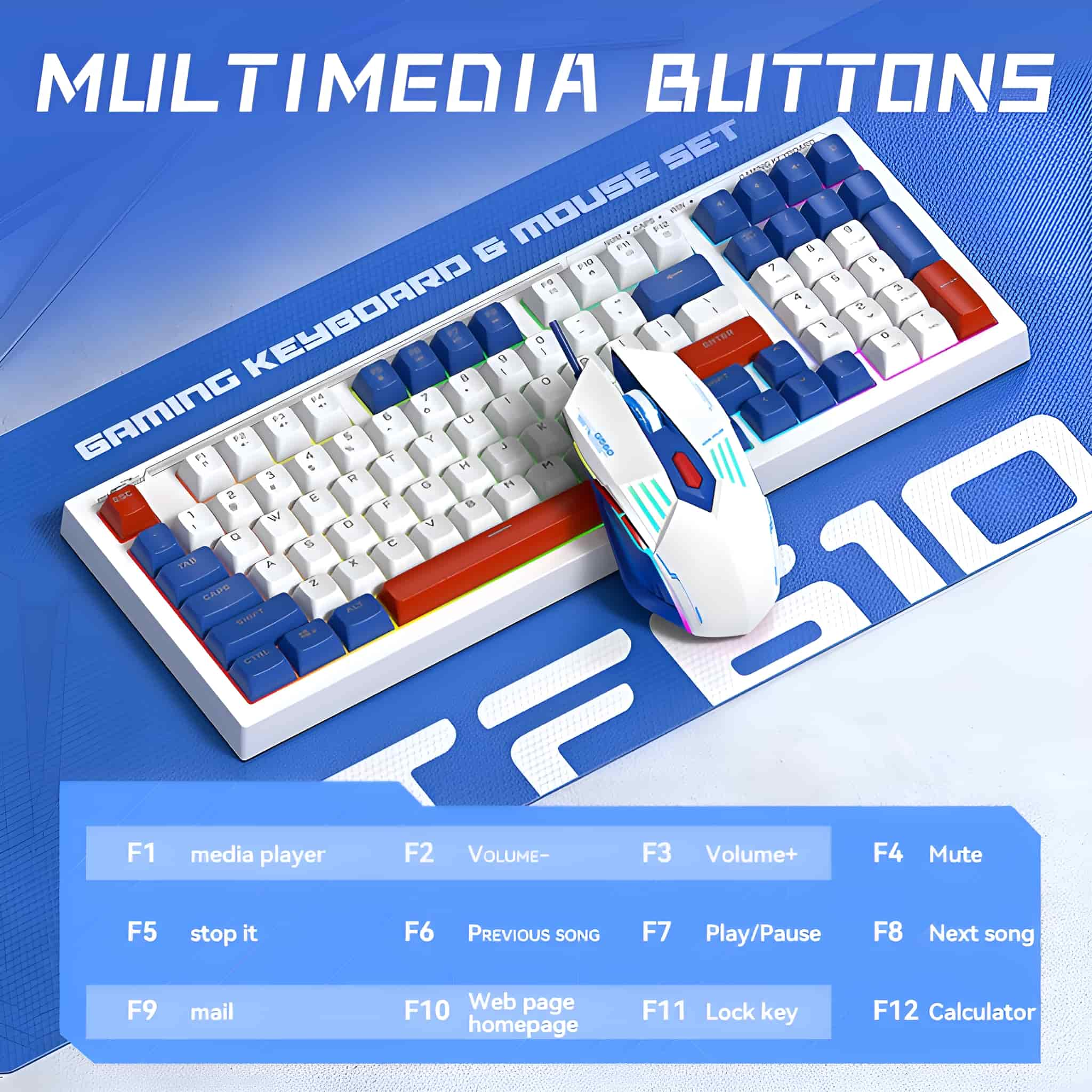Ein Tastatur- und Maus-Set mit Multimediatasten auf einer blauen Oberfläche. Textbeschriftungen werden unten angezeigt.
