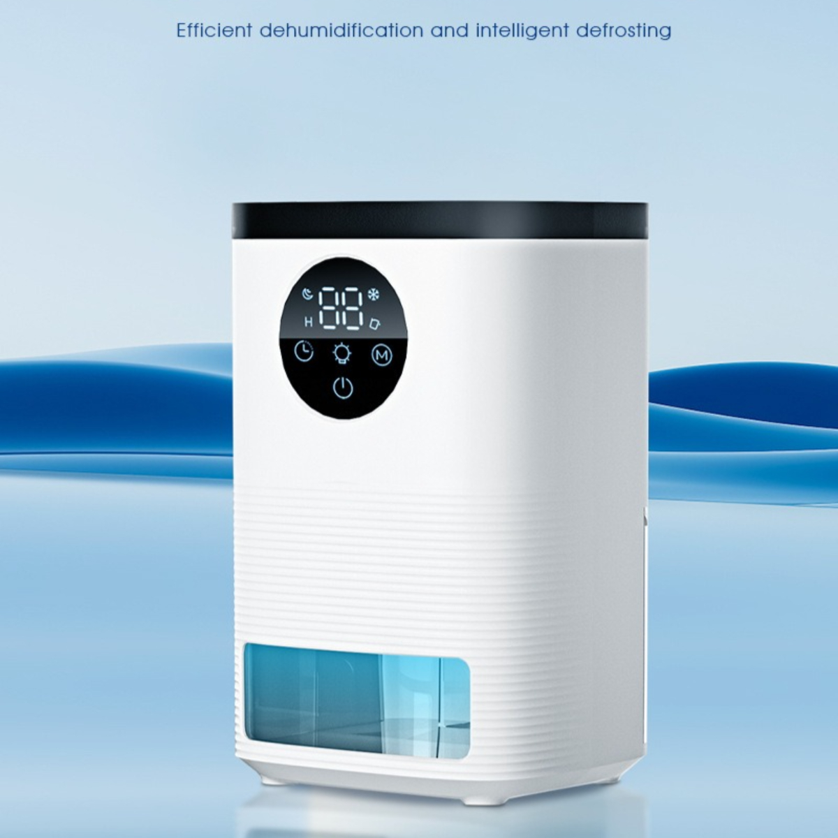 Weißer Luftentfeuchter mit digitaler Anzeige. Er hat einen Wassertank, der Hintergrund ist blau.