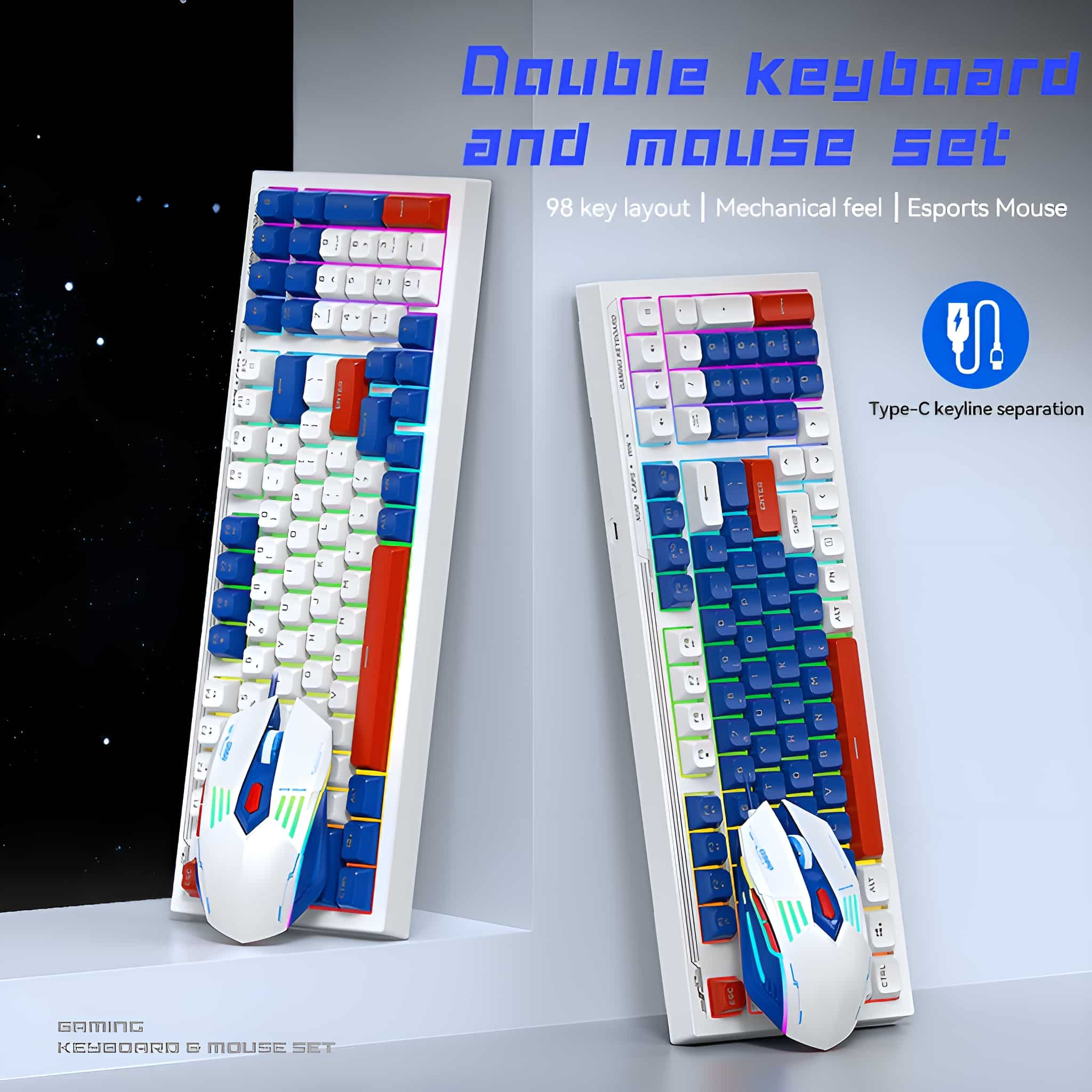 Zwei weiße mechanische Tastaturen und Maus-Sets. Blaue, rote und weiße Tasten. Text: Doppel-Tastatur- und Maus-Set.