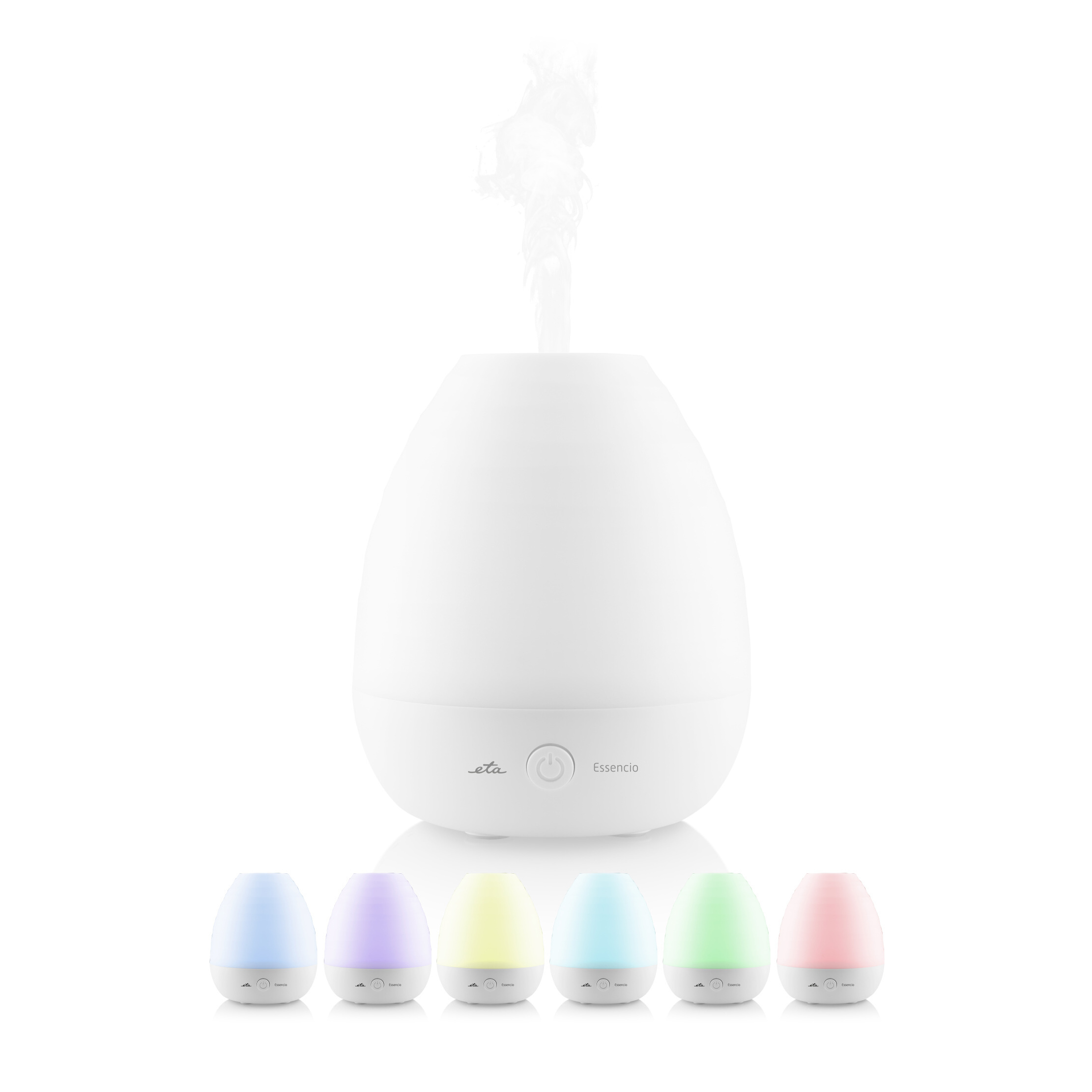 Ein weißer Diffusor für ätherische Öle mit einer Reihe farbiger Lichter am Sockel. Der Diffusor steht auf weißem Hintergrund.