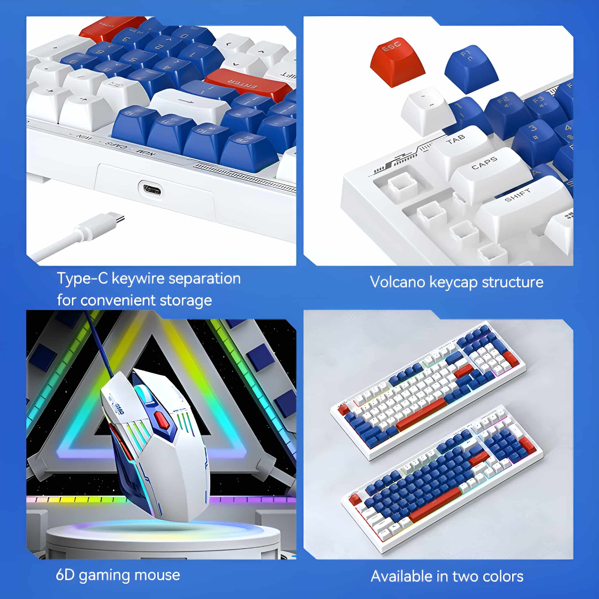 Tastatur- und Maus-Set. Weißes, rotes und blaues Farbschema. Mehrere Winkel werden gezeigt.