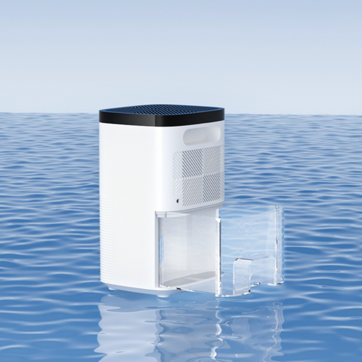 Ein weißer Luftentfeuchter mit einem transparenten Wassertank, der in blauem Wasser steht.