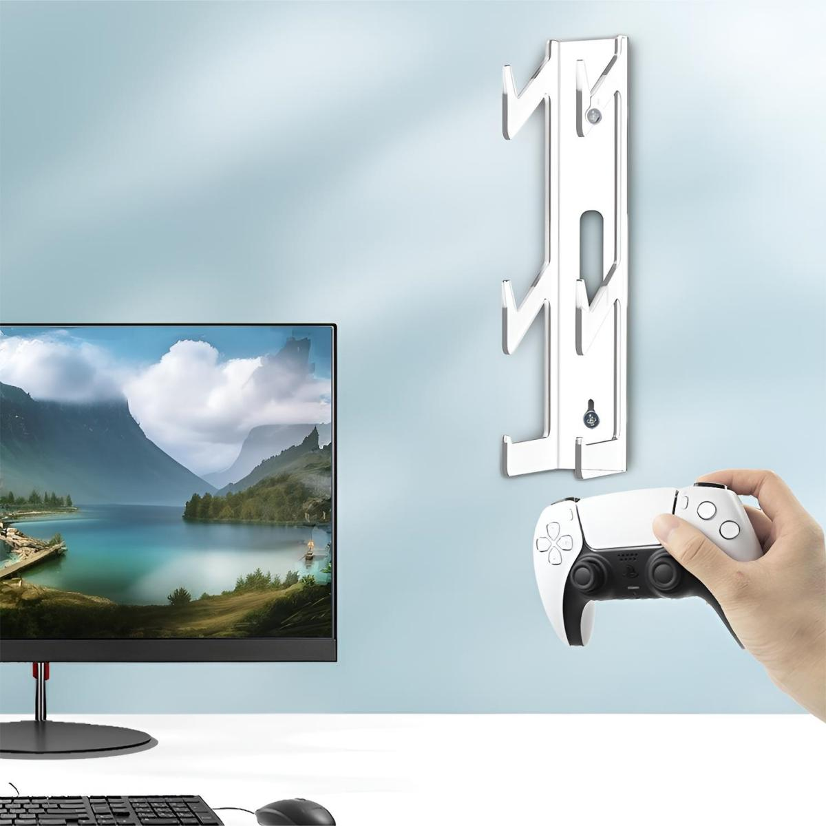 Weiße Wandhalterung für eine Spielkonsole und einen Controller mit Monitor und Tastatur.