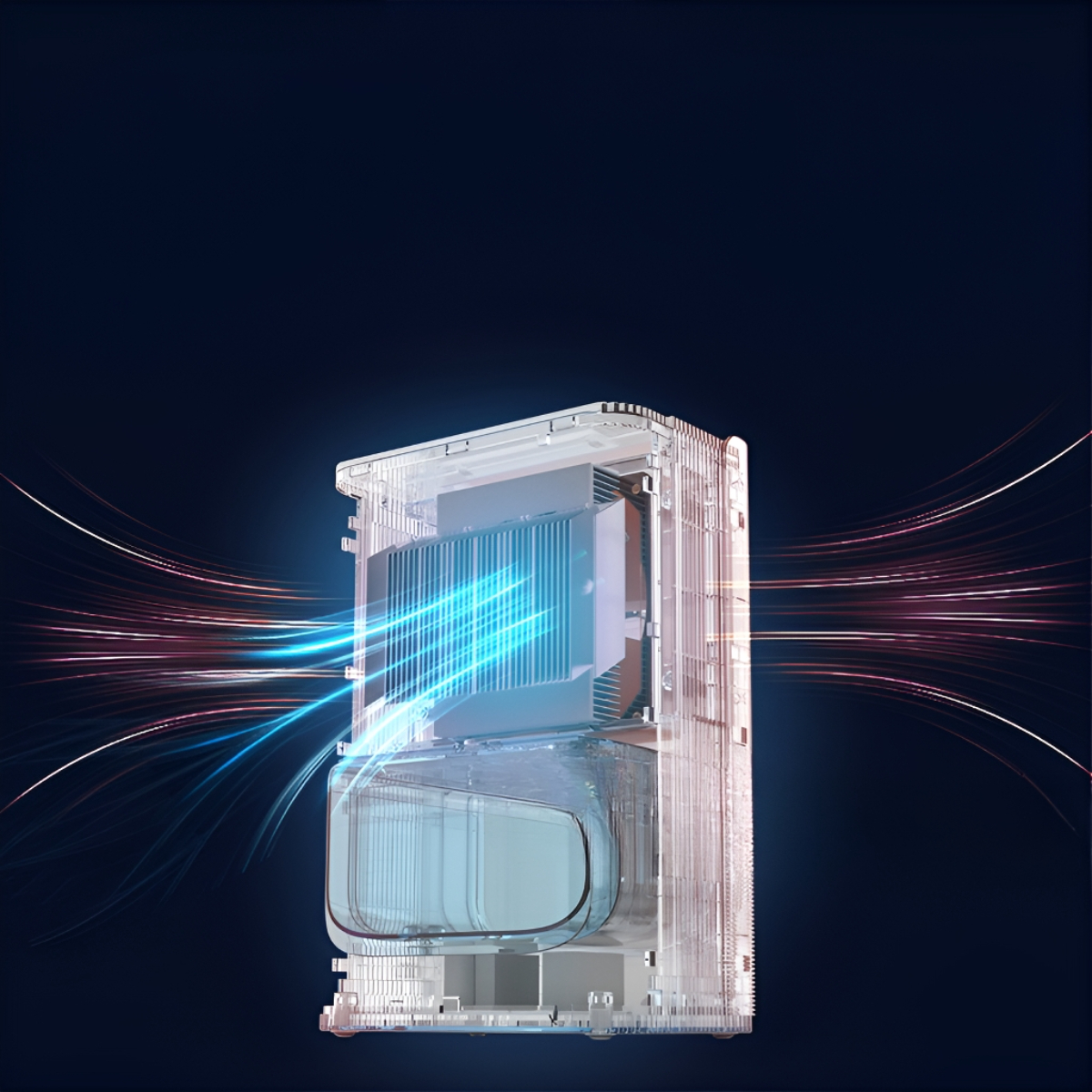 Schnittansicht eines Geräts mit blauen und roten Linien. Das Gerät hat mehrere interne Komponenten und wirkt technologisch.