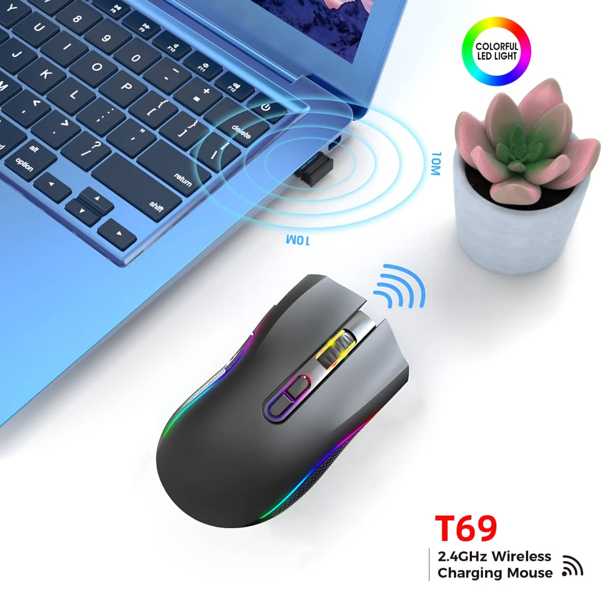Eine drahtlose Maus mit farbigen Lichtern wird mit einem Laptop und einer kleinen Pflanze gezeigt.