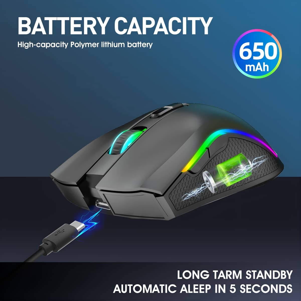 Schwarze Gaming-Maus mit blauen und grünen Lichtern. Ein USB-Kabel ist angeschlossen. Die Batteriekapazität beträgt 650 mAh.