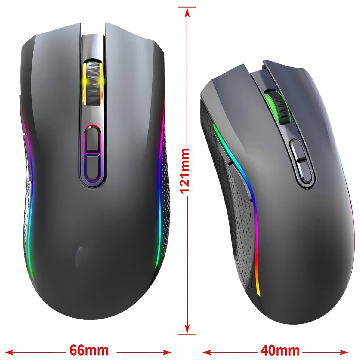 Zwei schwarze Gaming-Mäuse. Eine ist abgewinkelt und zeigt die Seite mit RGB-Beleuchtung und Abmessungen.