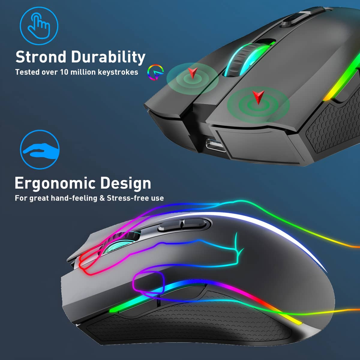 Schwarze Gaming-Maus mit RGB-Beleuchtung. Draufsicht und schräge Ansicht. Text: Starke Haltbarkeit und ergonomisches Design.