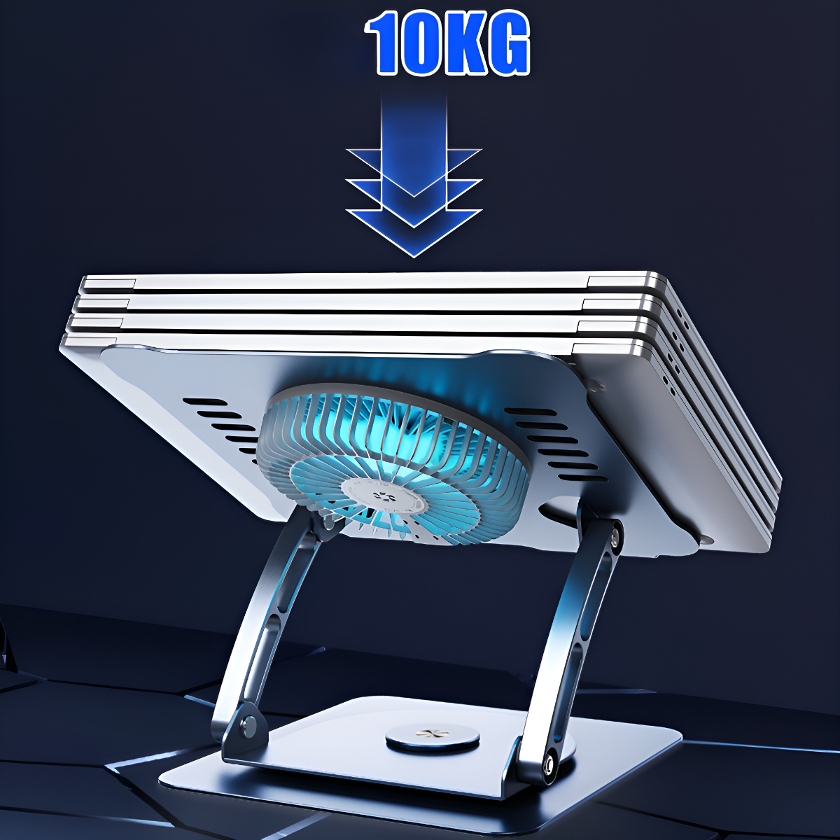 Ein Laptop-Ständer mit einem Lüfter. Der Ständer ist silber. Die Gewichtskapazität beträgt 10 kg.