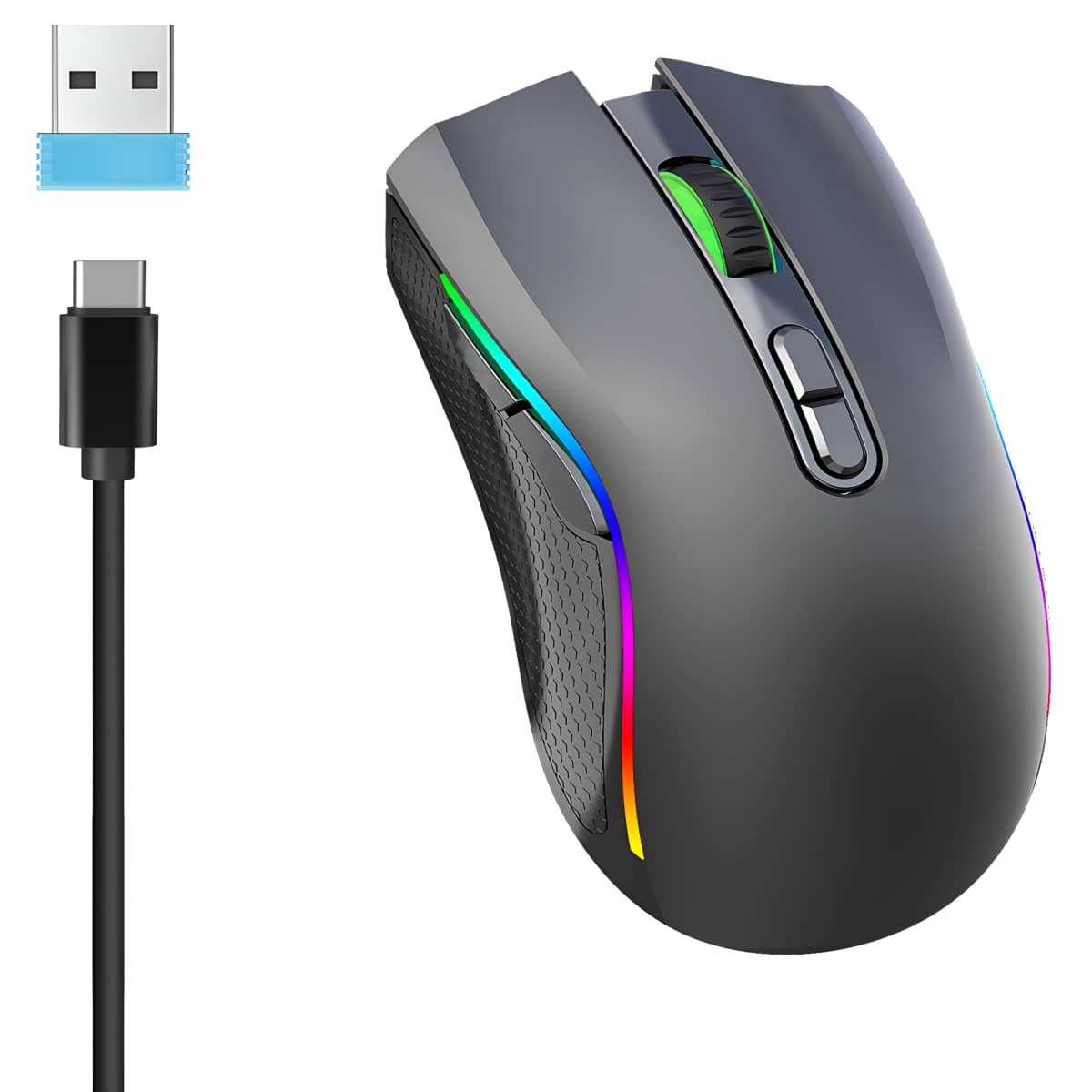 Eine graue kabellose Maus mit farbigen Lichtern, einem USB-Anschluss und einem Ladekabel auf weißem Hintergrund.