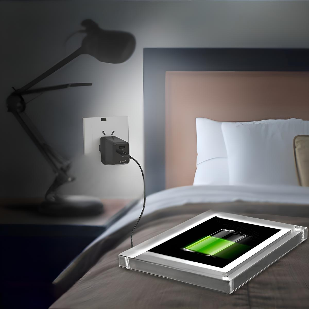 Eine Schreibtischlampe, ein Telefonladegerät und ein Tablet, das auf einem Bett geladen wird.