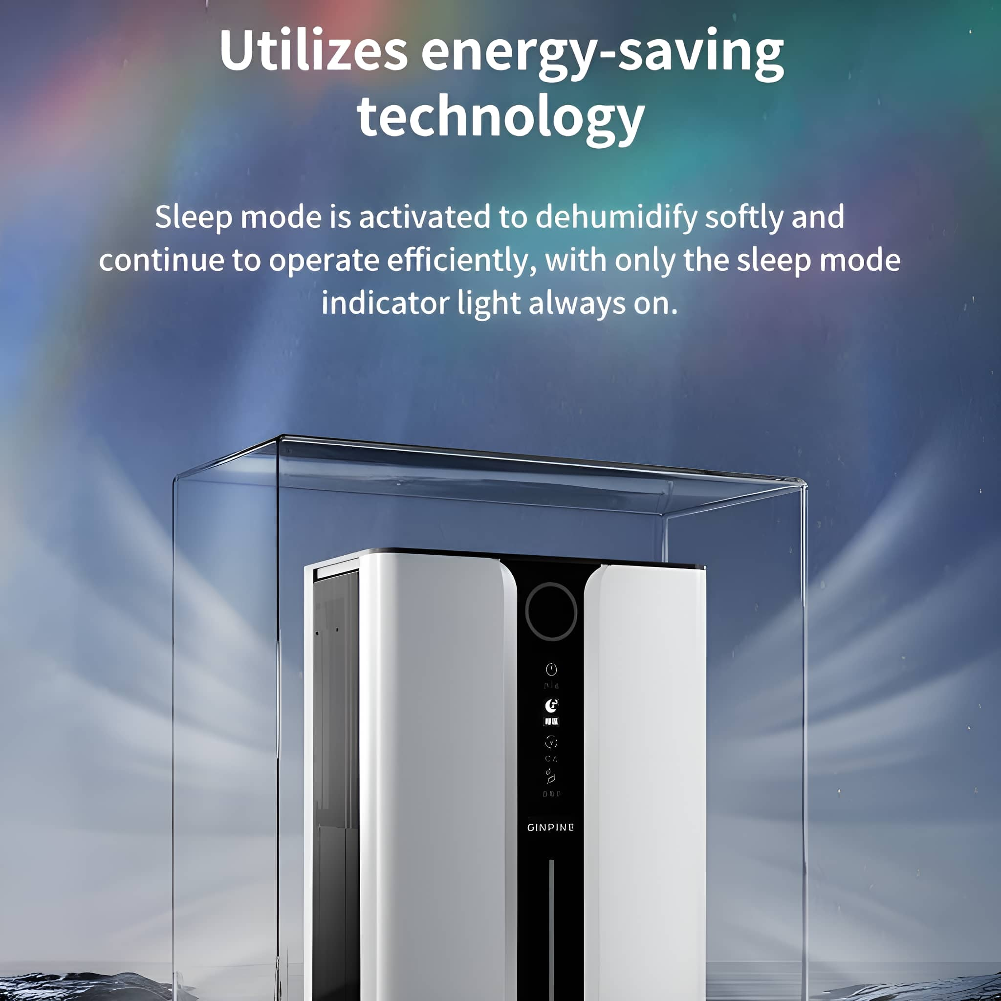 Luftentfeuchter mit energiesparender Technologie. Eine Glashülle zeigt das Gerät.