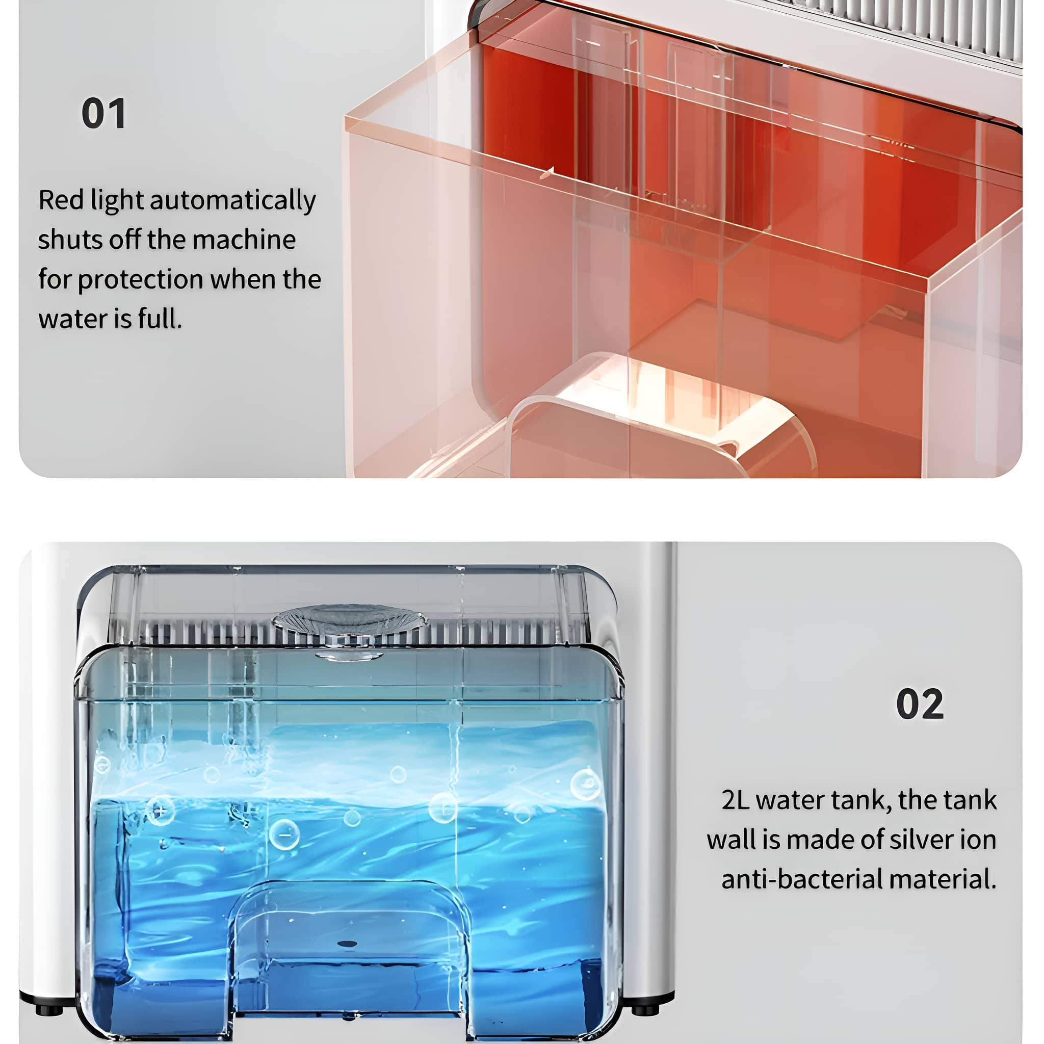 Nahaufnahme eines Luftbefeuchters. Oben: Transparenter Behälter. Unten: Wassertank, blaues Wasser.