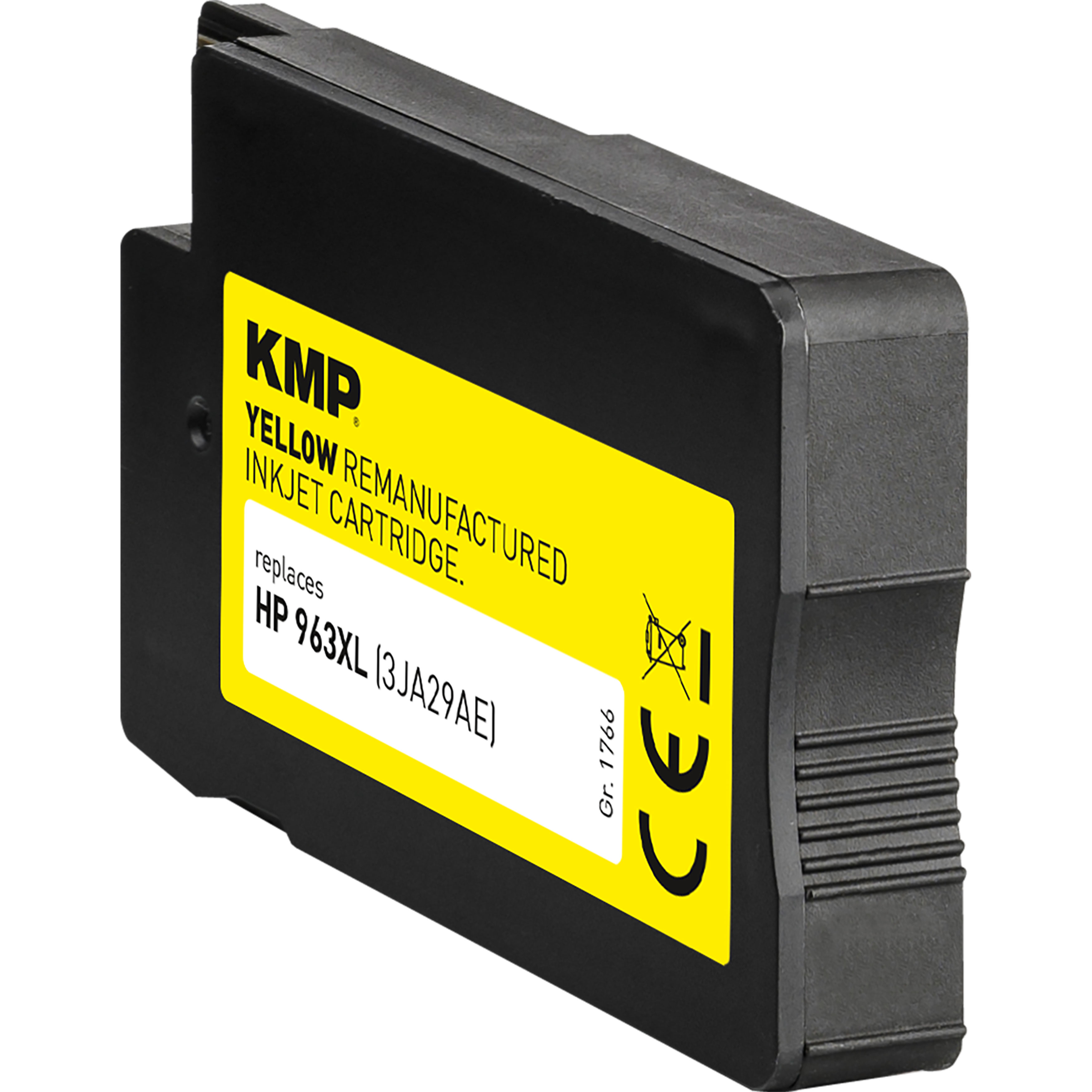 Cartuccia a getto d'inchiostro KMP gialla sostitutiva per HP 963XL, con etichetta gialla e corpo nero.
