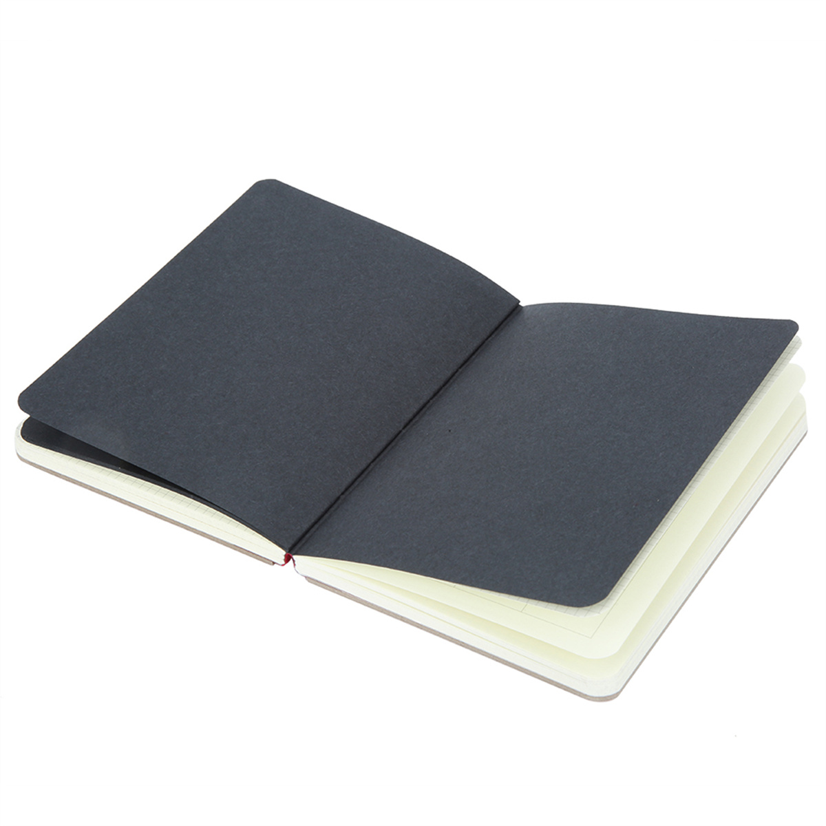 Offenes Notizbuch mit schwarzen Seiten. Die Seiten sind leer, das Notizbuch ist flach geöffnet.