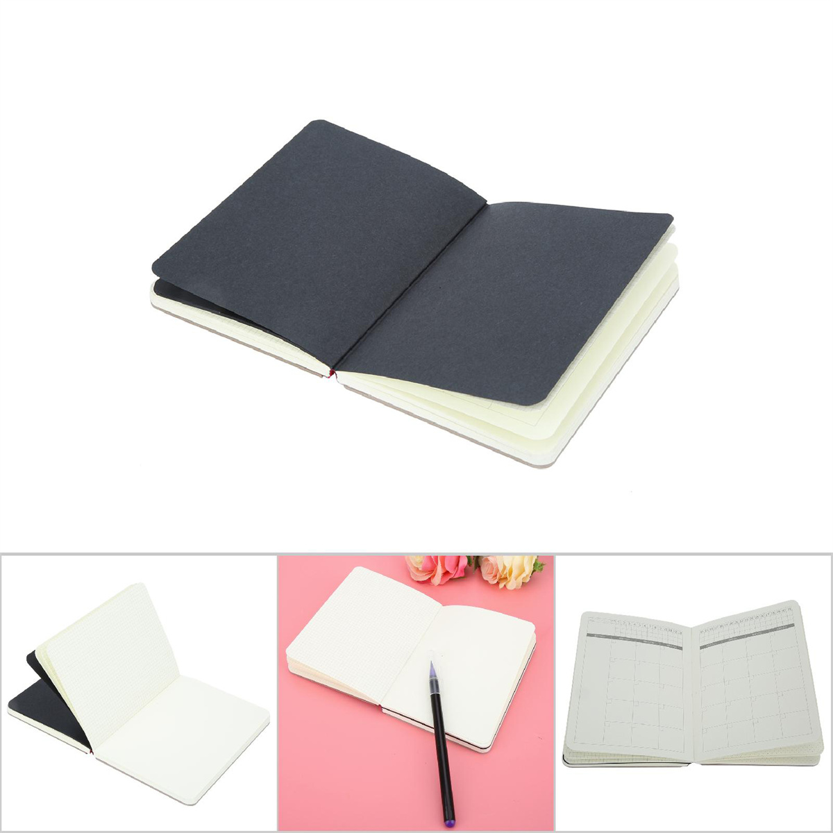 Ein offenes Notizbuch mit schwarzen Seiten und drei zusätzliche Ansichten von Notizbüchern und Stift.