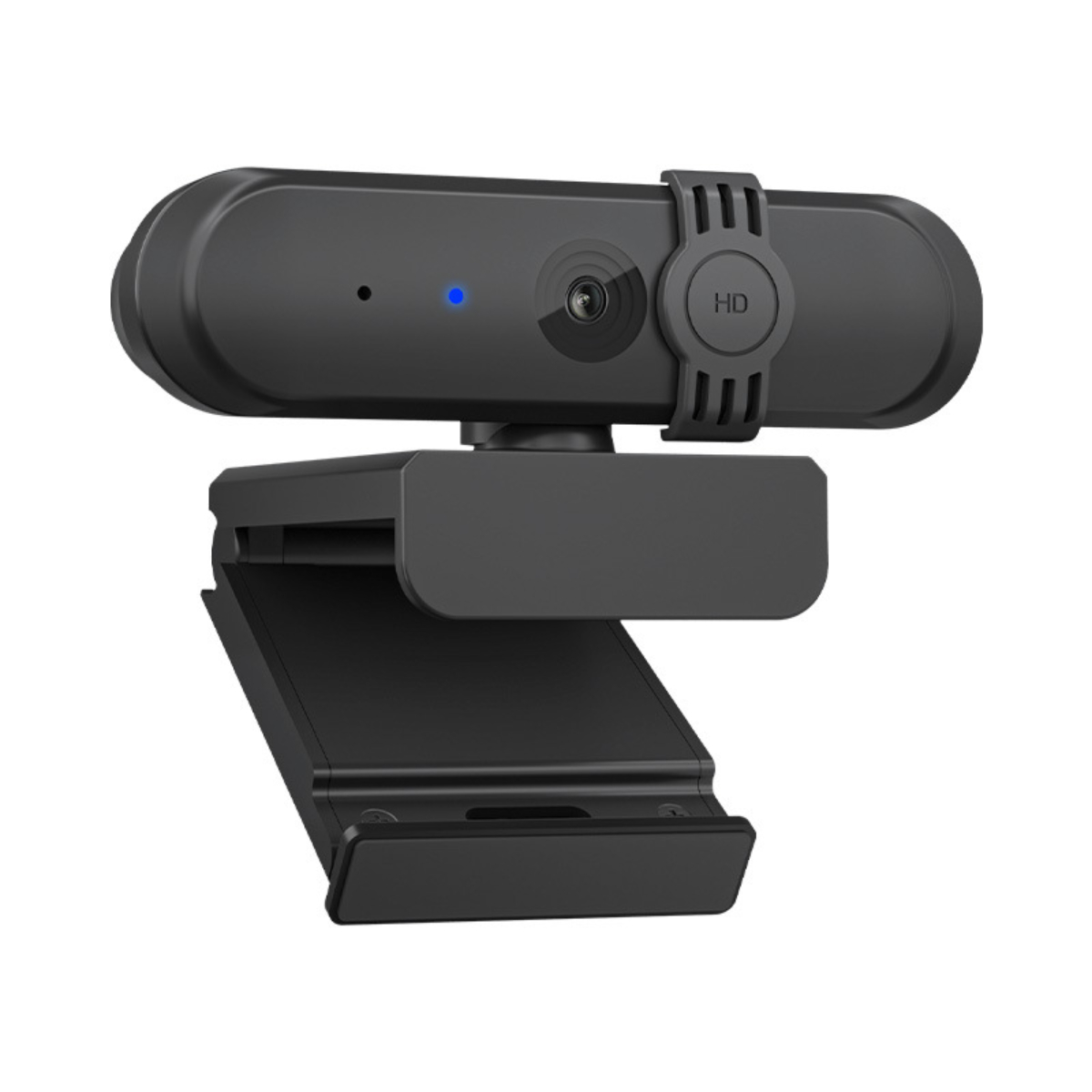 Eine schwarze Webcam mit Clip, Linse und einer blauen Kontrollleuchte.