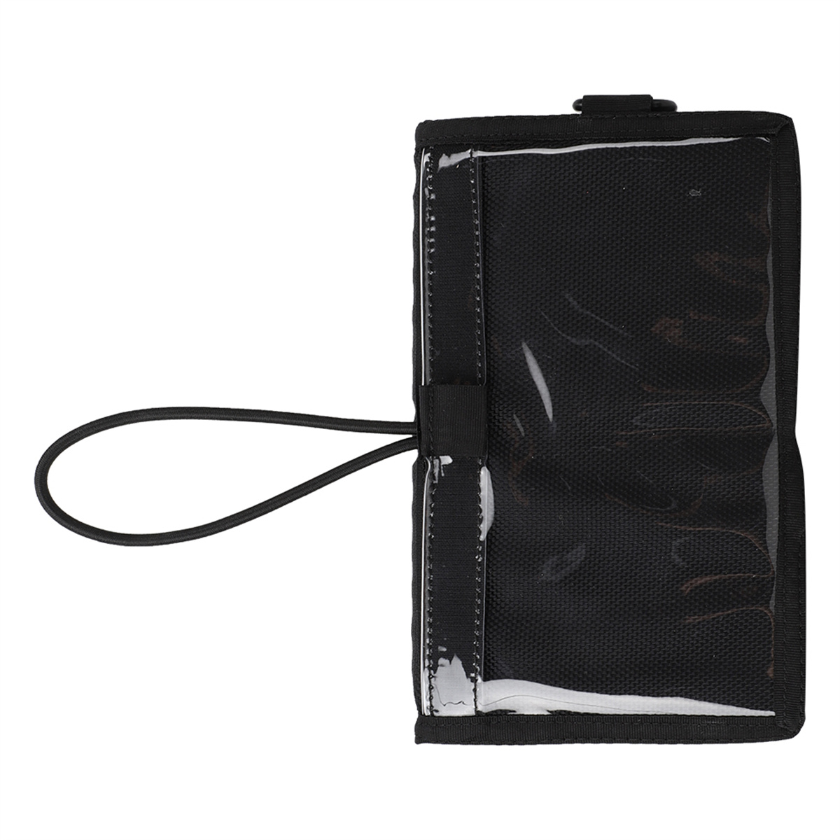 Schwarze, wasserdichte Tasche mit einem transparenten Fenster, einem schwarzen Riemen und einer Schlaufe.
