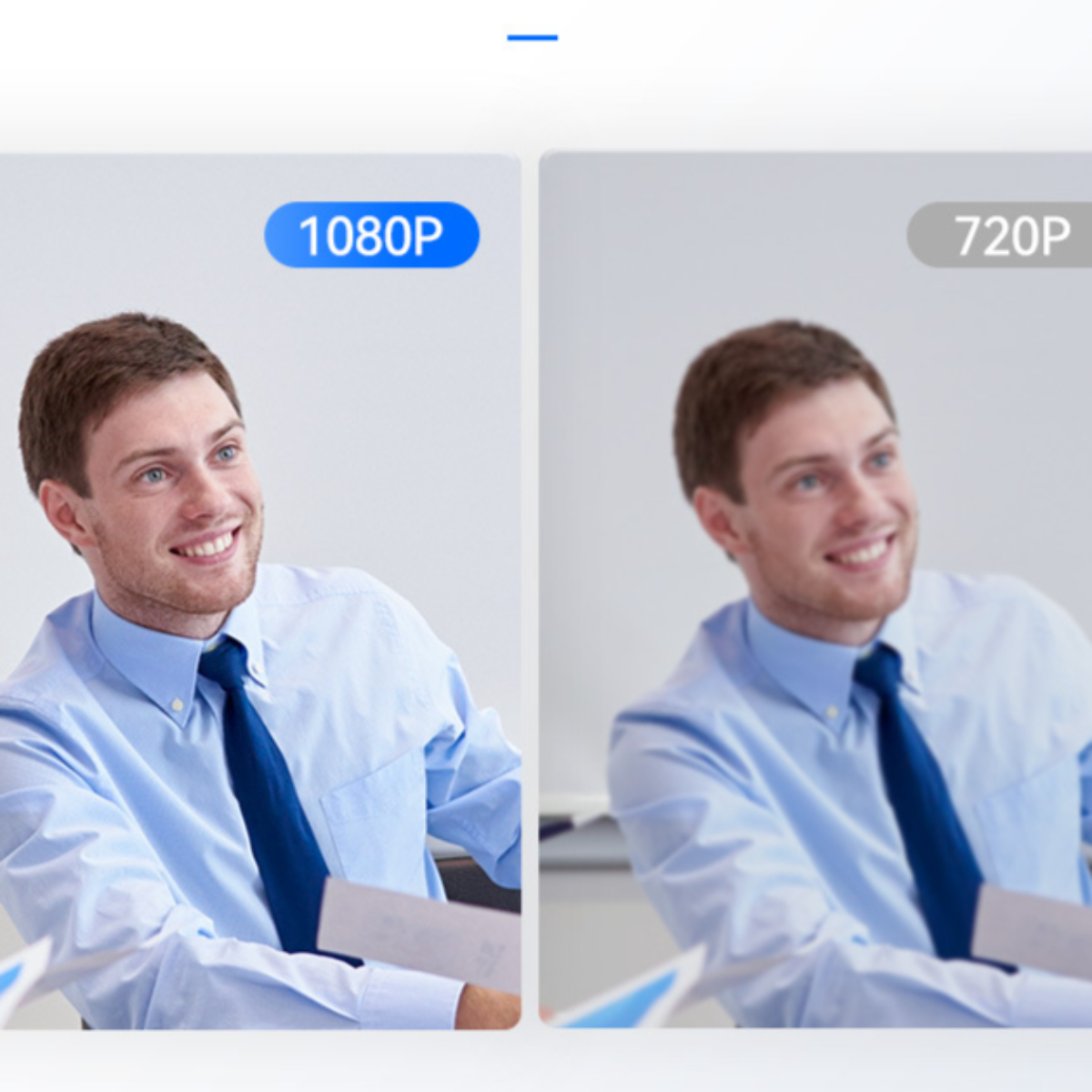 Zwei Männer in Hemden und Krawatten. Linkes Bild 1080P, rechtes 720P. Beide lächeln.