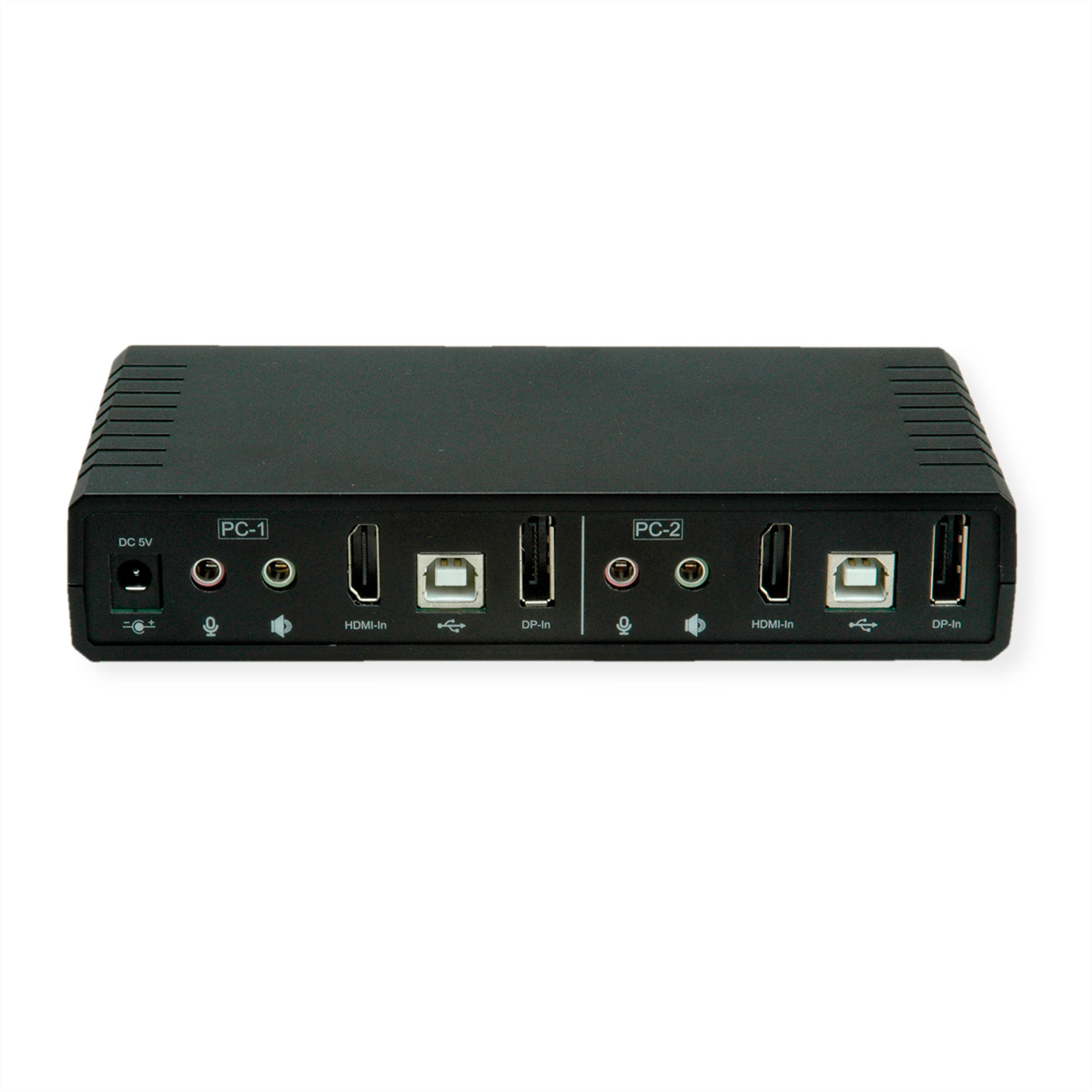 Appareil noir avec ports : DC 5V, PC-1, HDMI-in, USB, DP-in, PC-2, HDMI-in, USB, DP-in. Fond blanc.