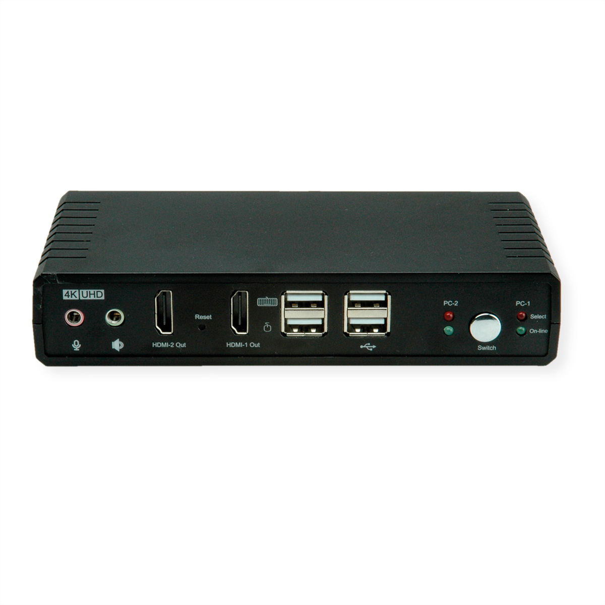 Un commutateur 4K UHD noir avec plusieurs ports, dont HDMI et USB, avec des étiquettes et des boutons.