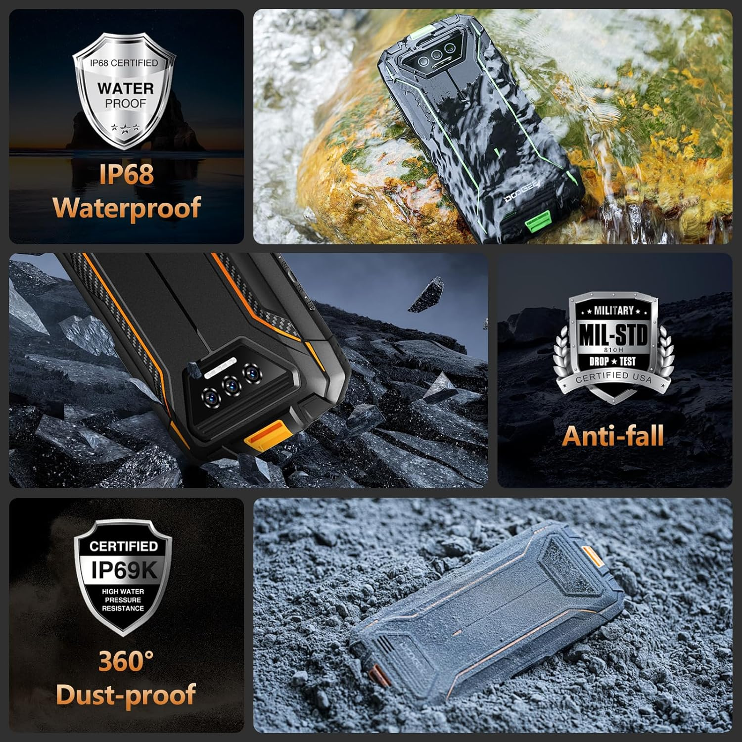 Collage von Bildern, die ein robustes, wasserdichtes und staubdichtes Smartphone zeigen.