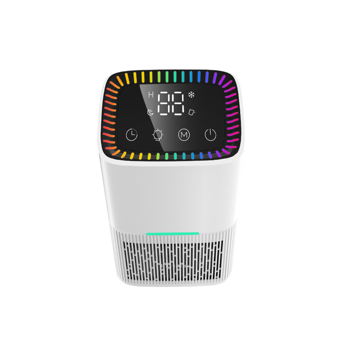 Ein weißer Luftreiniger mit farbigem LED-Display und schwarzem Gitter.