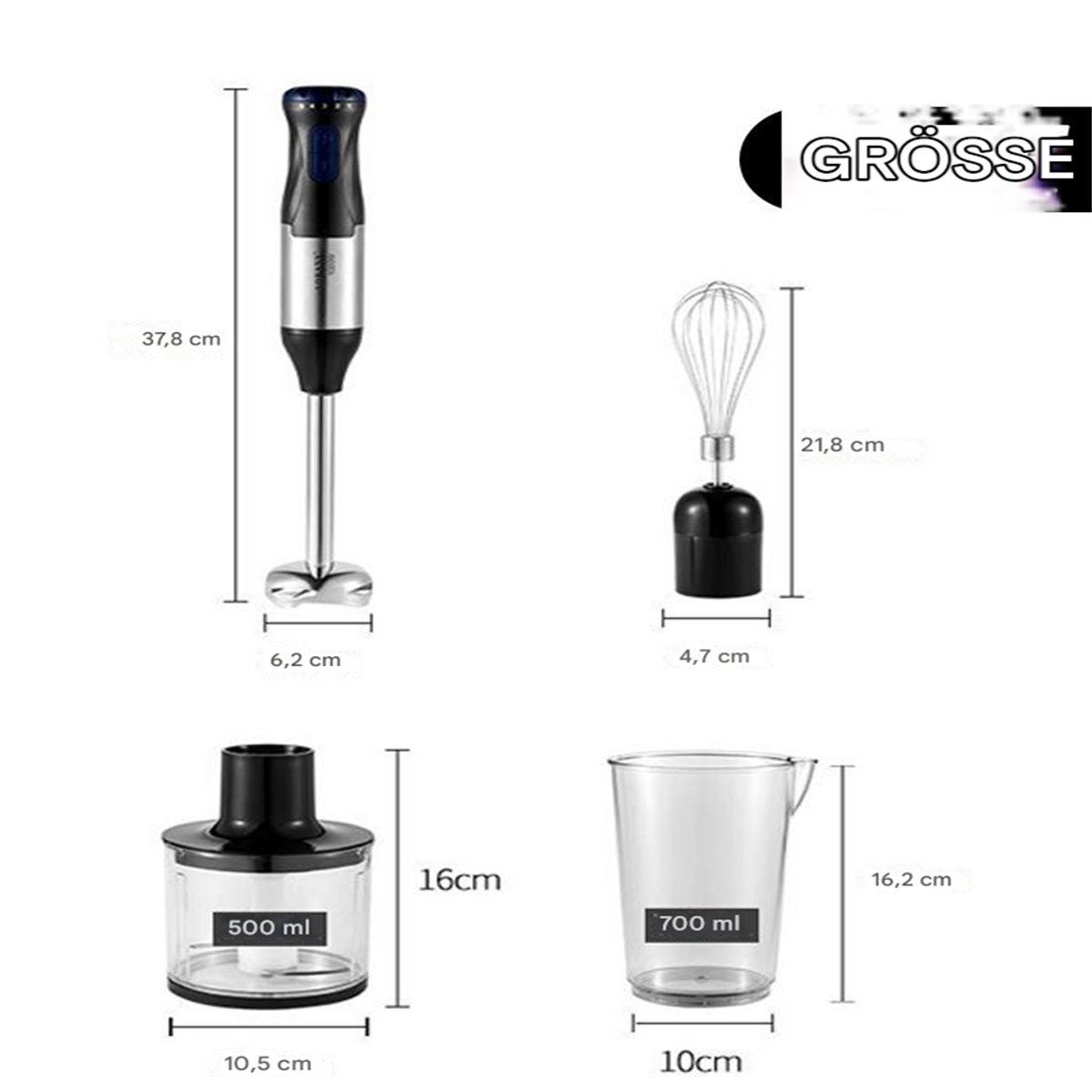Ein Satz von Blenderteilen: ein Blender, ein Schneebesen und zwei Behälter mit Größenangaben.