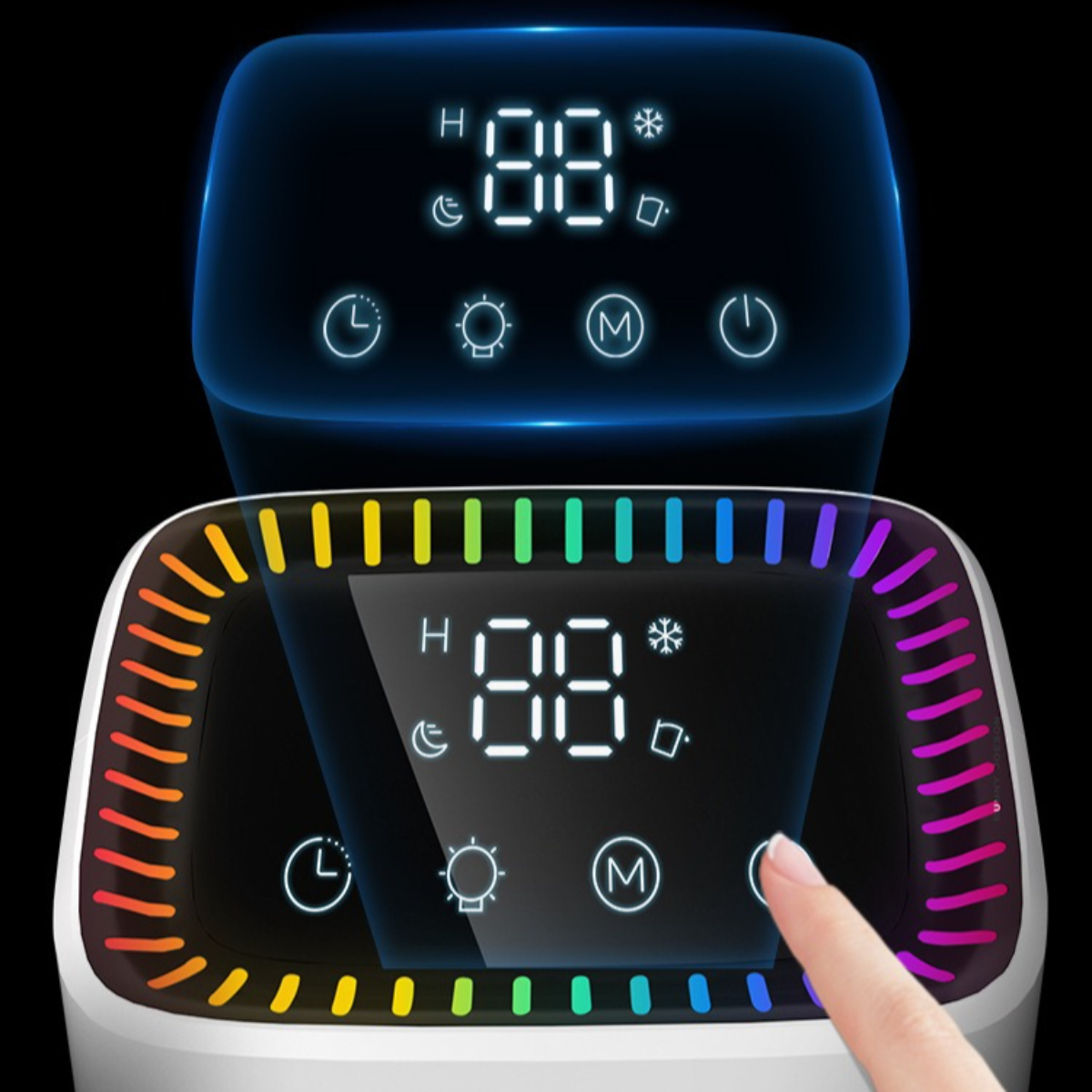 Zwei digitale Bildschirme mit Temperatur und Einstellungen. Touchscreen.