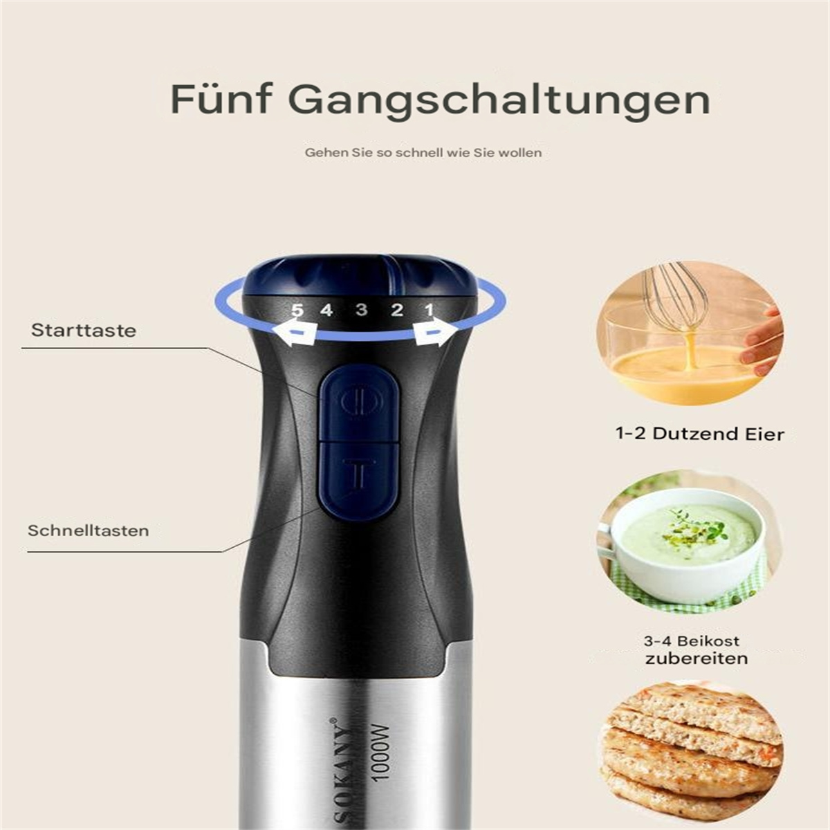 Handmixer mit Geschwindigkeitseinstellungen. Zeigt Verwendungen: Eier, Suppe und Lebensmittel. Text: Fünf Gänge.