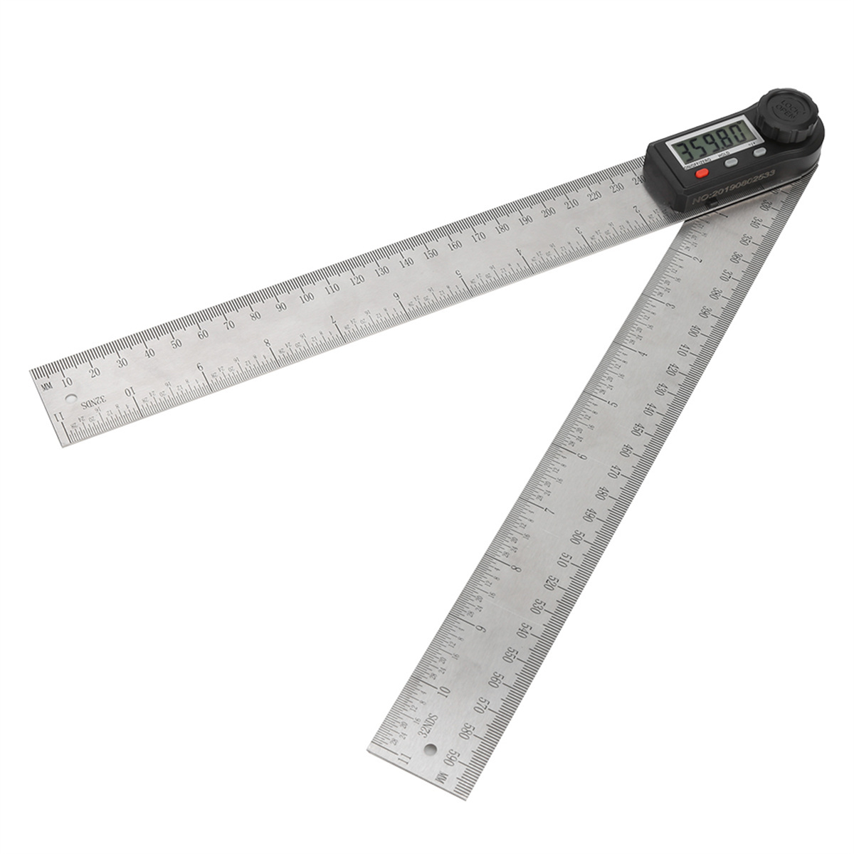 Digitaler Winkelmesser mit 359,8 Grad, Edelstahl-Lineale. Weißer Hintergrund.
