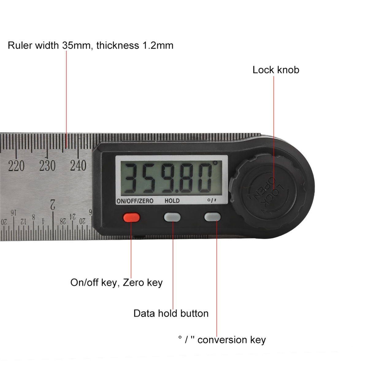 Ein digitaler Winkelmesser mit Linealmarkierungen. Das Display zeigt 359,80 Grad. Beschriftete Tasten sind sichtbar.