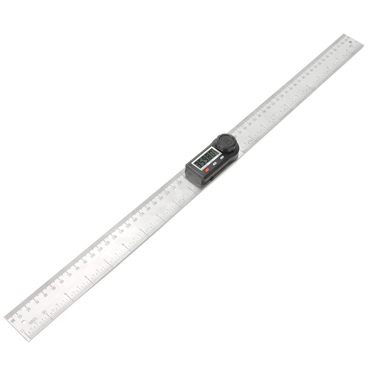 Ein langes Metalllineal mit digitalem Winkelmesser. Das Display zeigt eine Zahl. Das Lineal liegt auf einem Tisch.