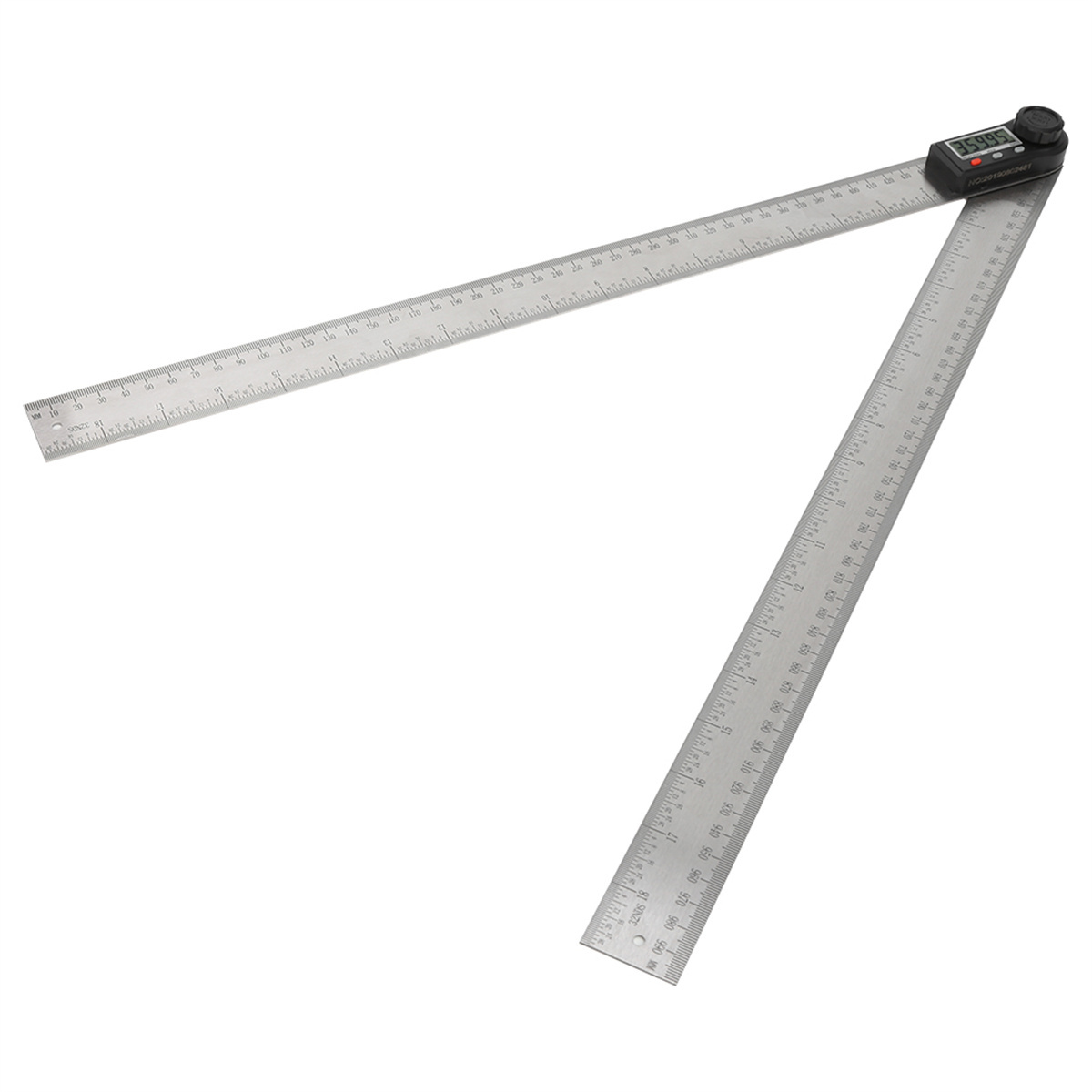 Ein silberner Winkelmesser, in einem Winkel geöffnet, mit Digitalanzeige am Gelenk.