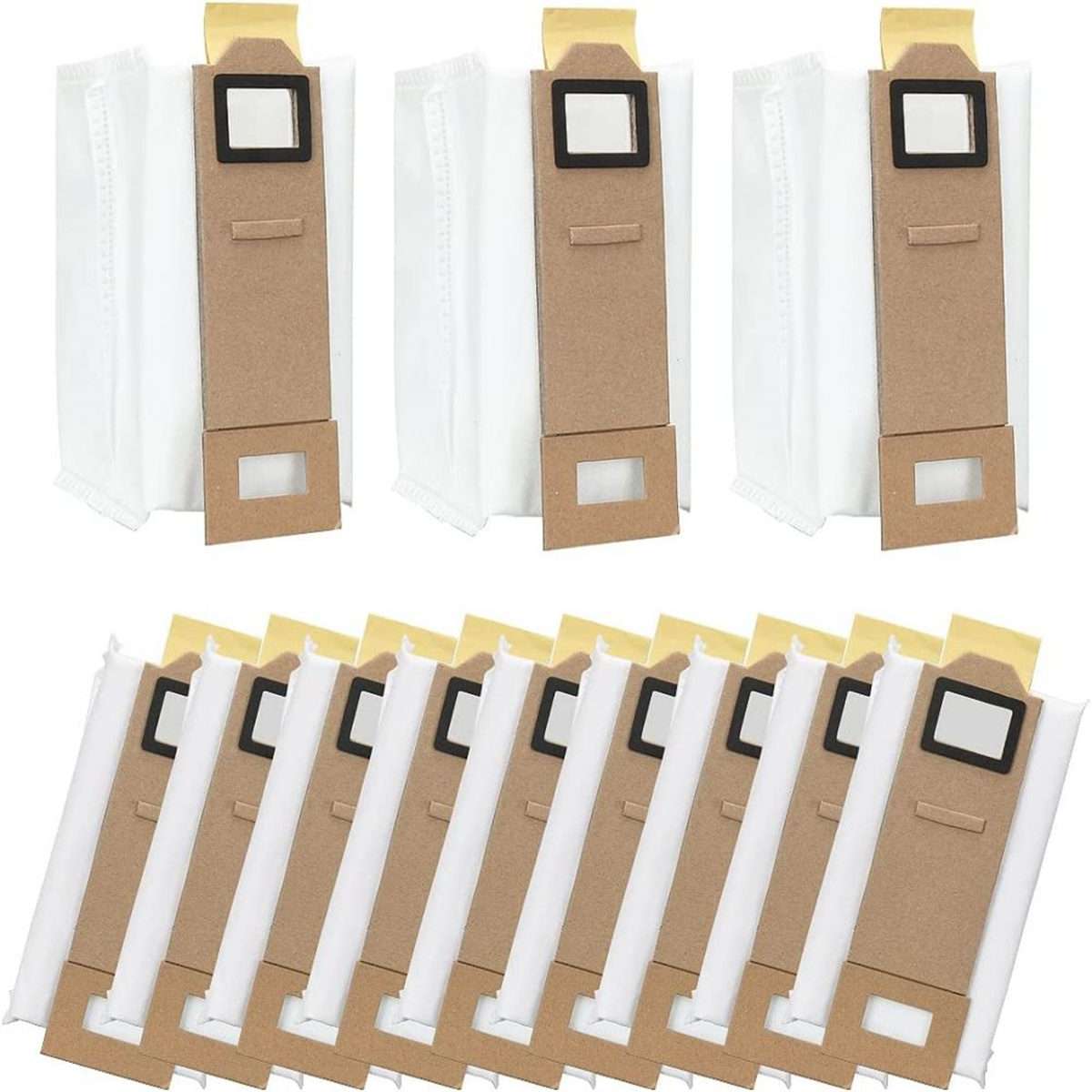 Staubsaugerbeutel in einer Reihe. Papier und weißer Stoff, mit schwarzem Rechteck.