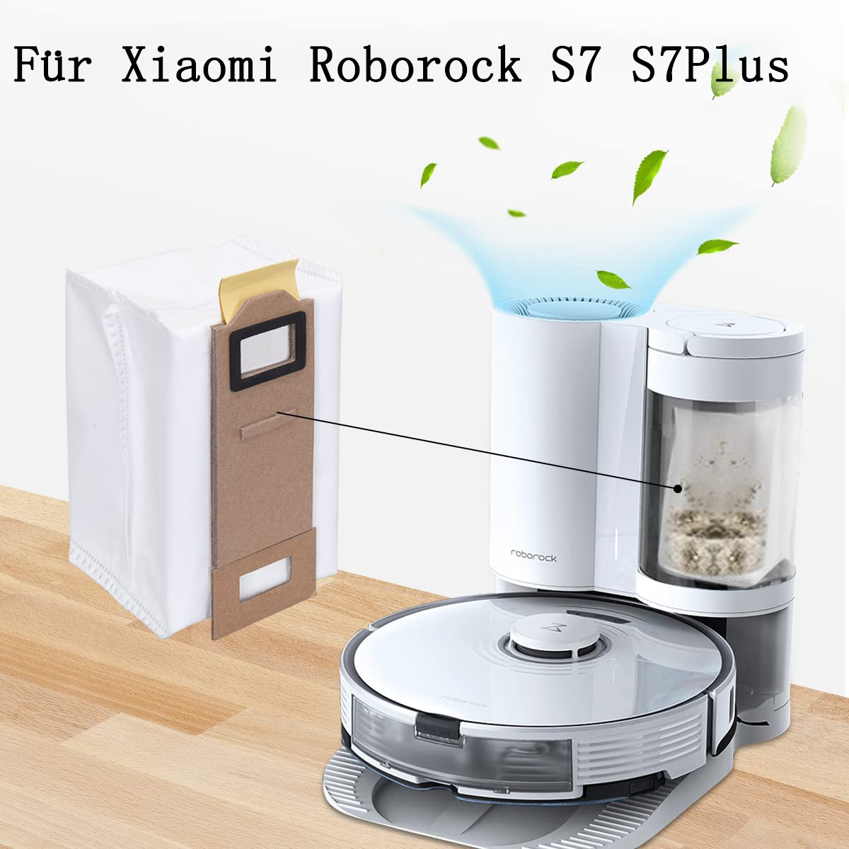 Roborock S7 Roboter-Staubsauger mit Staubbeutel und Wassertank.