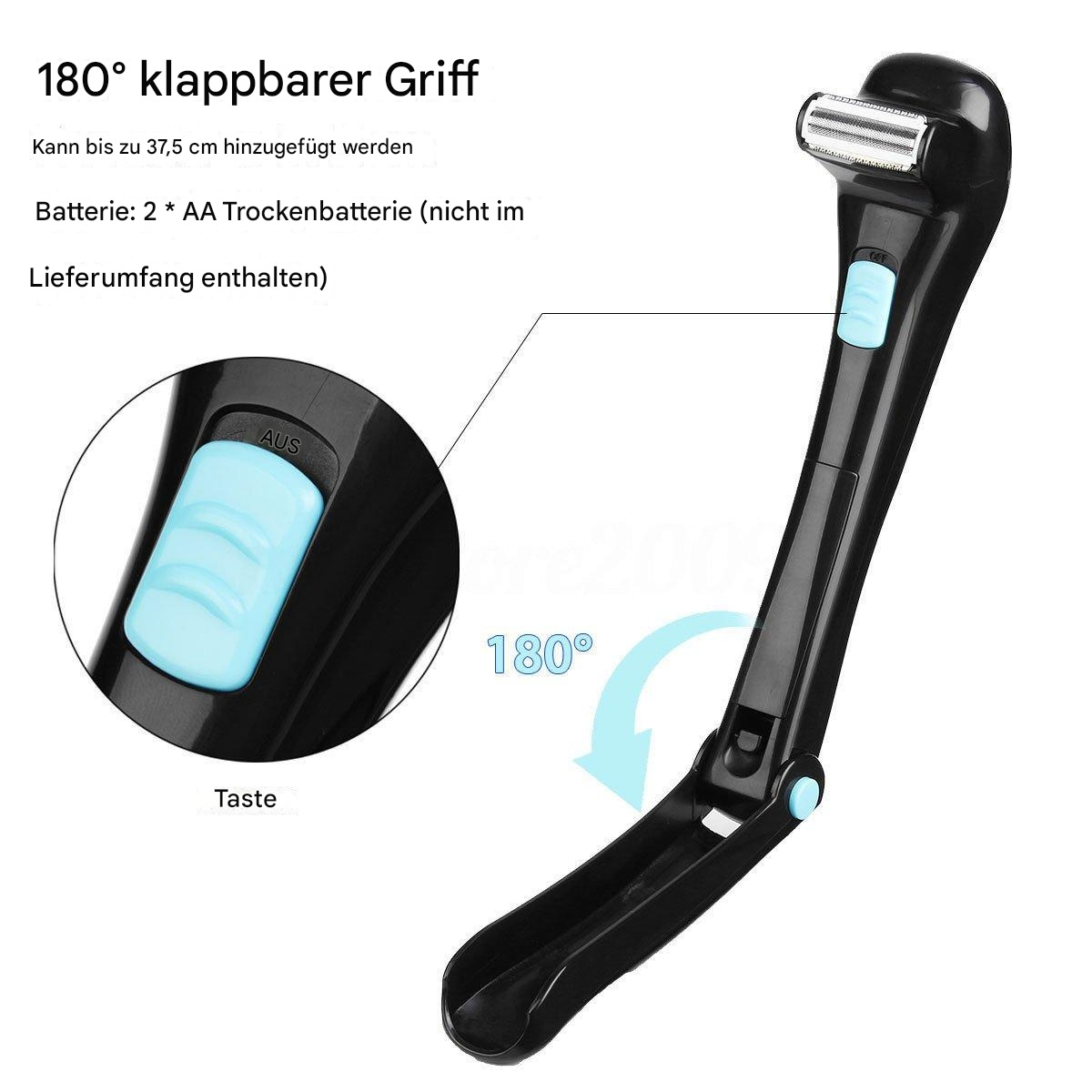 Ein schwarzer Elektrorasierer mit Klappgriff und blauem Power-Knopf.