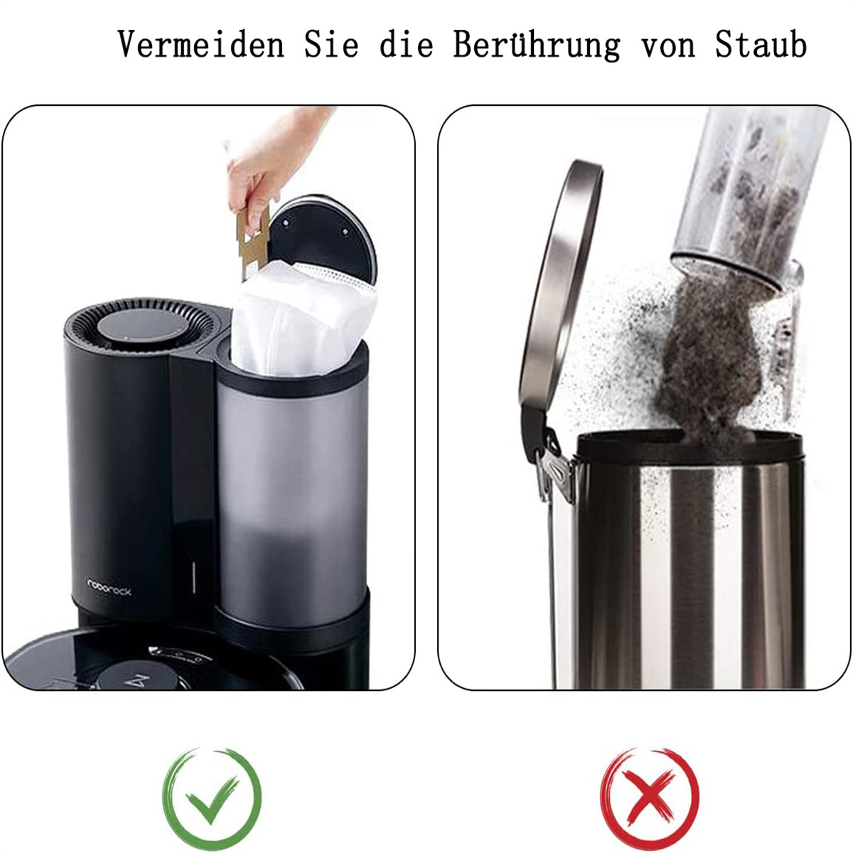 Zwei Bilder: eines zeigt einen Staubsauger mit Filter und das andere einen Mülleimer.