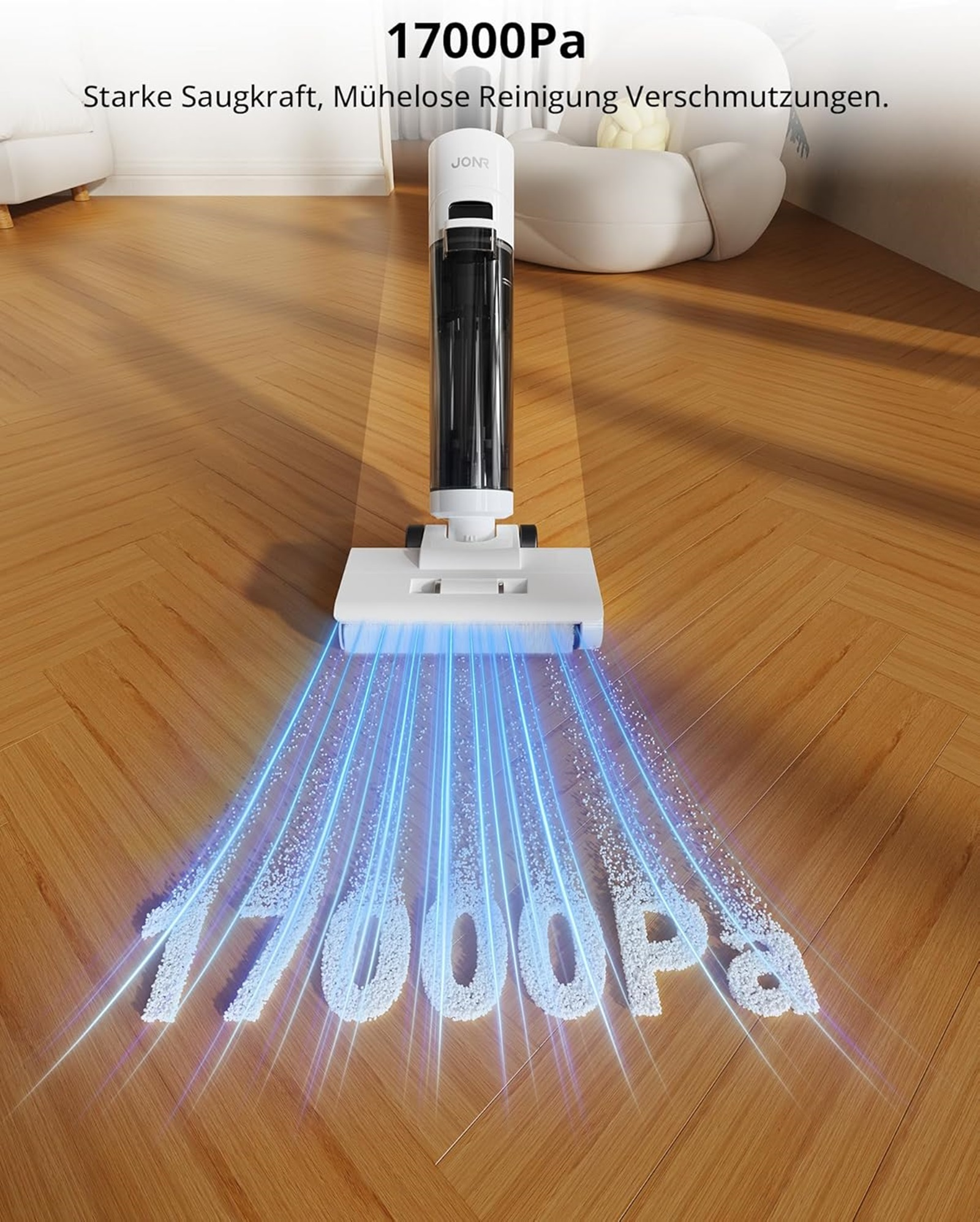 Biało-czarny odkurzacz na drewnianej podłodze.