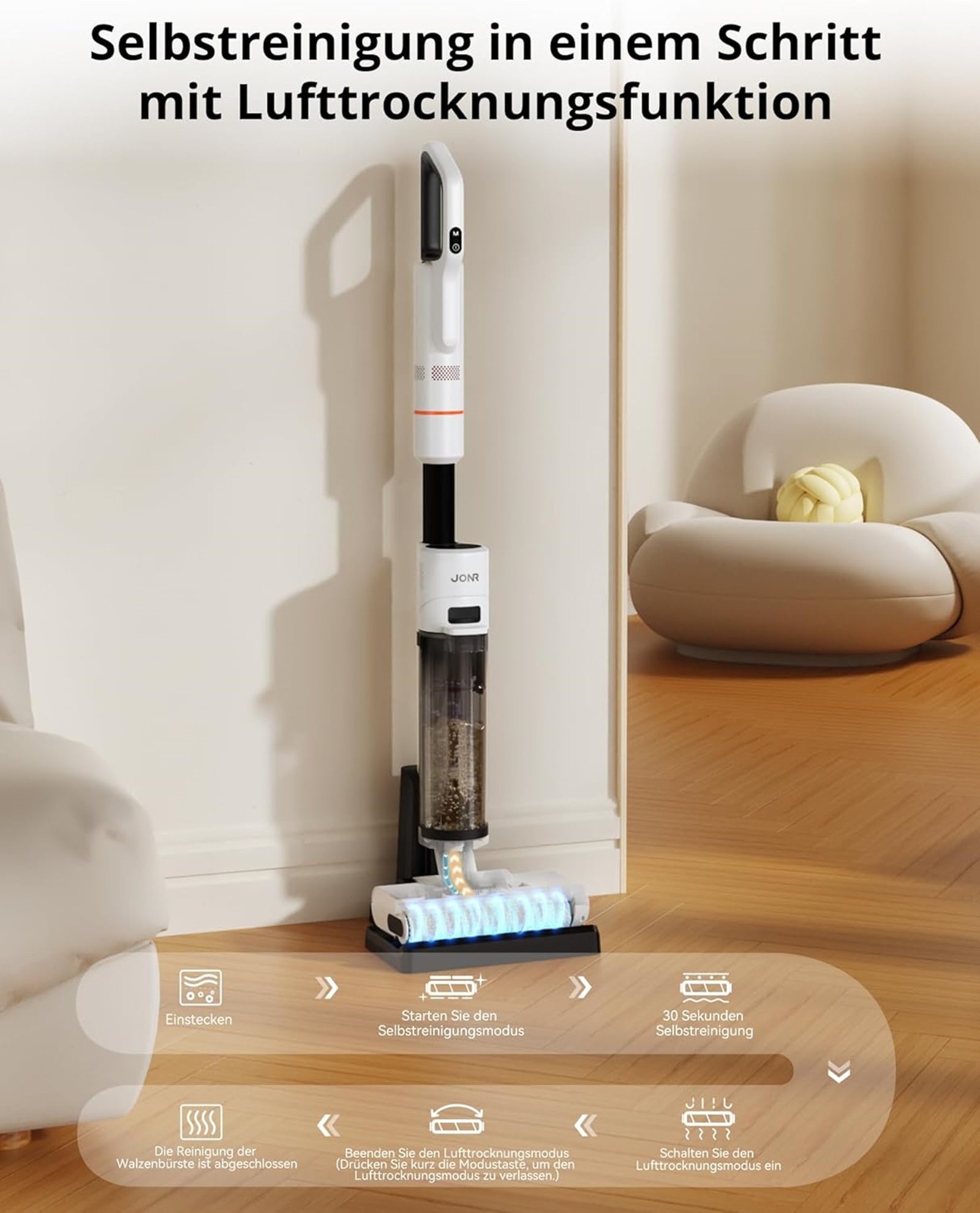 Biało-czarny odkurzacz. Obrazek pokazuje proces czyszczenia z tekstem i strzałkami.