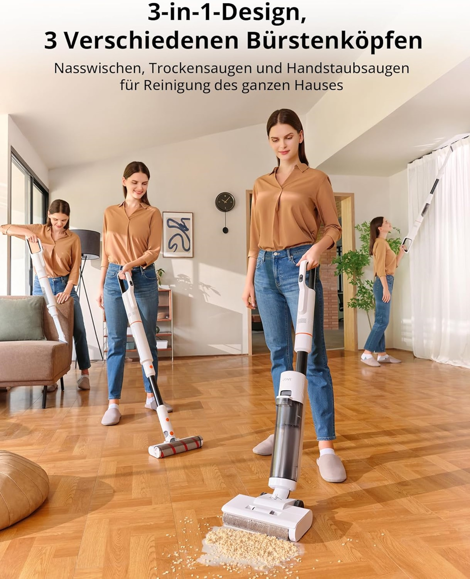 Trzy kobiety używają białego odkurzacza z różnymi akcesoriami.