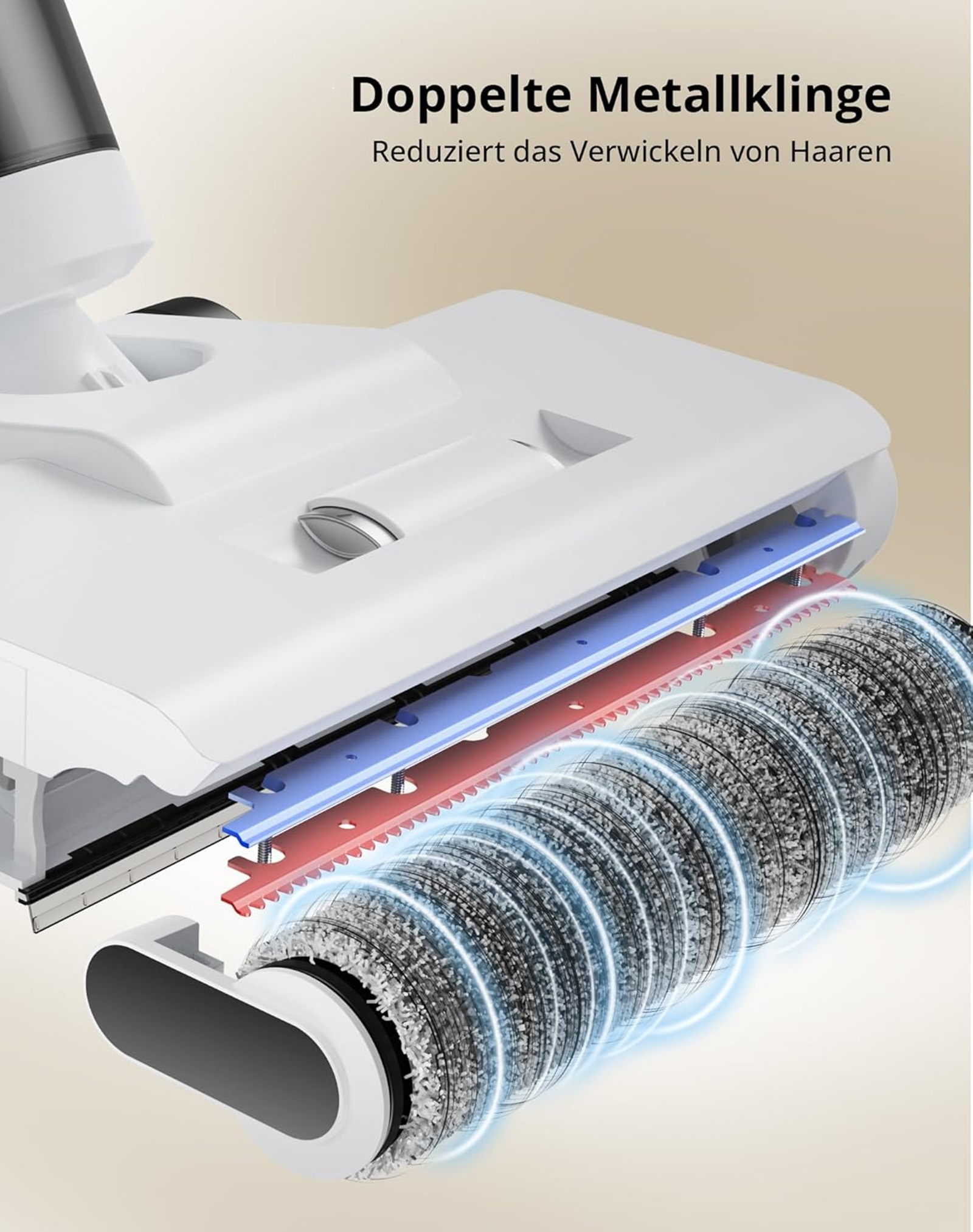 Zbliżenie głowicy odkurzacza. Pokazuje szczotki i podwójne metalowe ostrze.