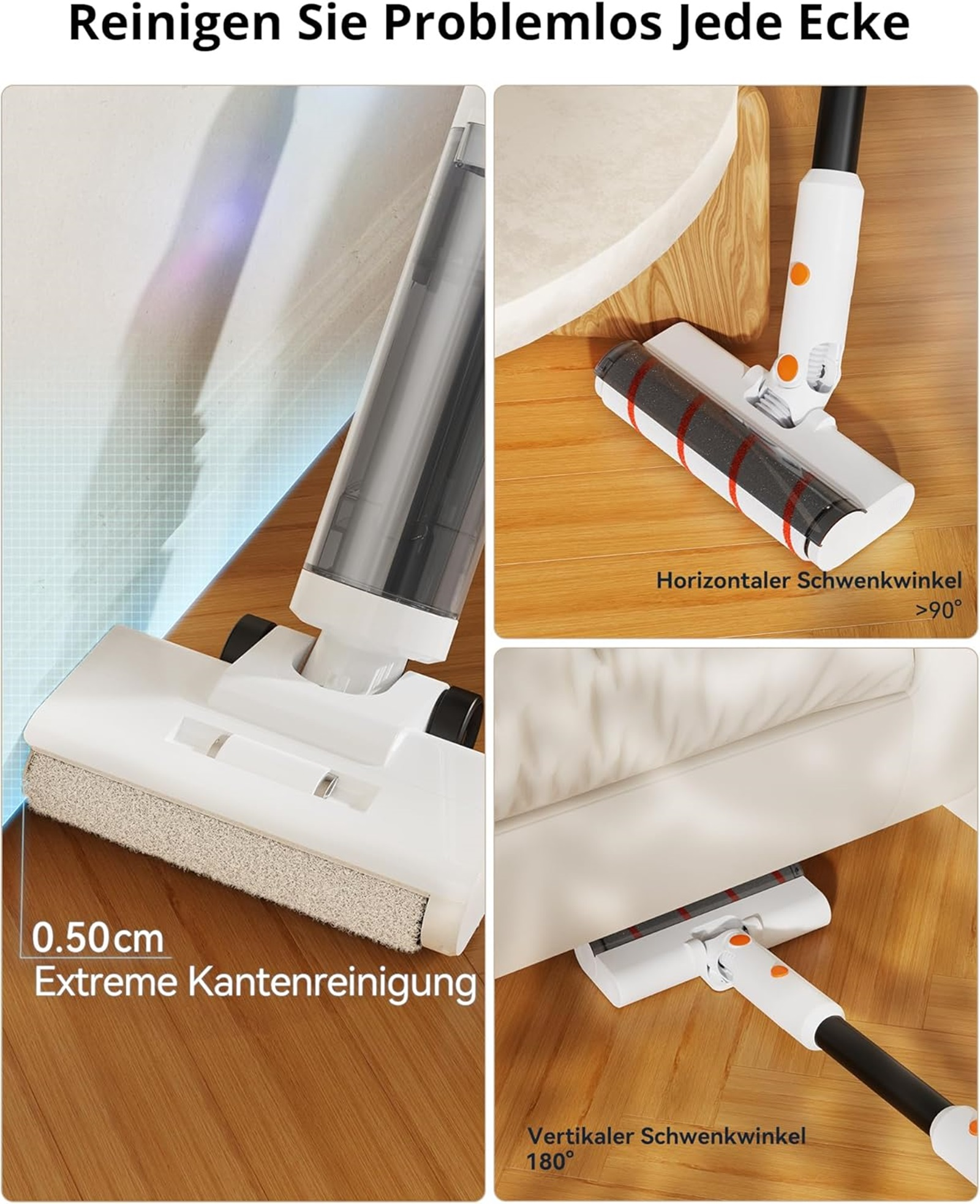 Odkurzacz, z różnymi głowicami do czyszczenia: narożniki, pod meblami i inne, na drewnianej podłodze.