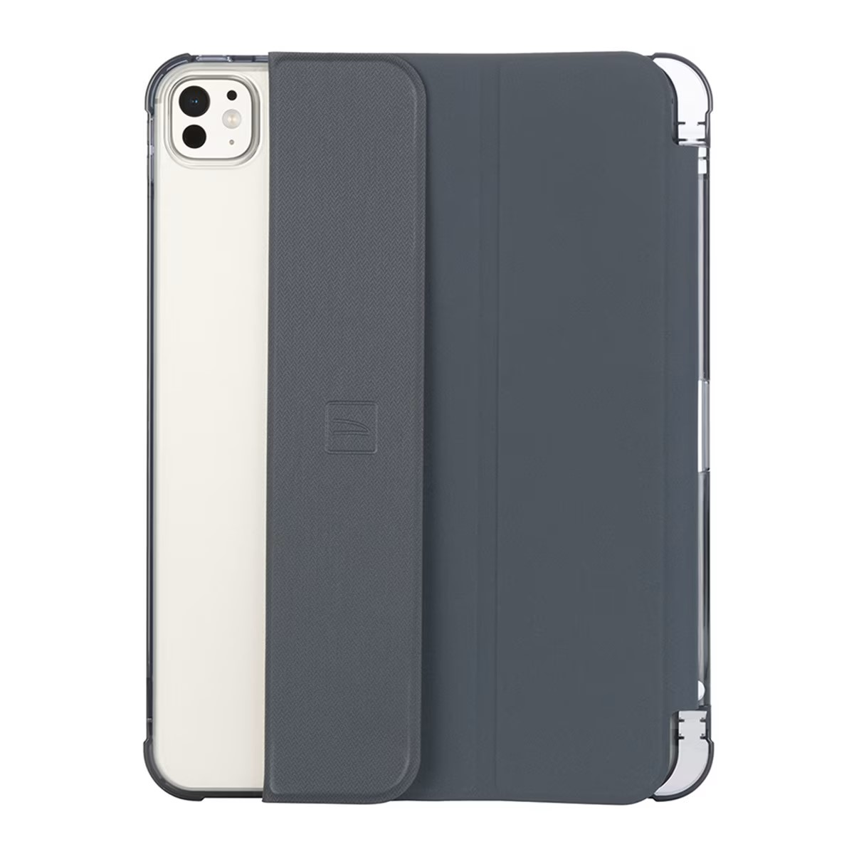 Un iPad en una funda gris, con una parte trasera transparente. La funda está doblada hacia atrás, mostrando la pantalla y la parte trasera.